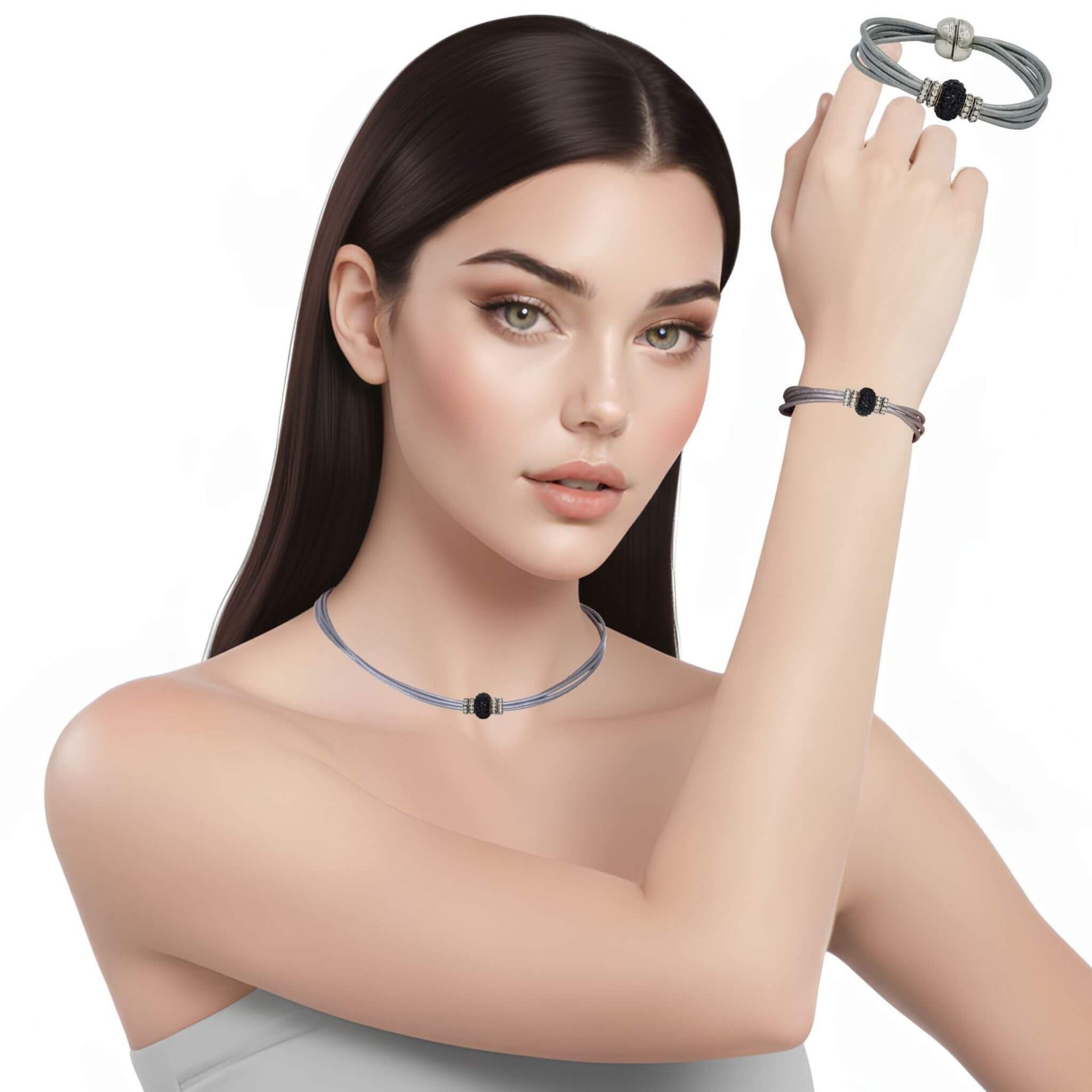 Set conjunto de pulsera y collar de cuero plata y strass negro