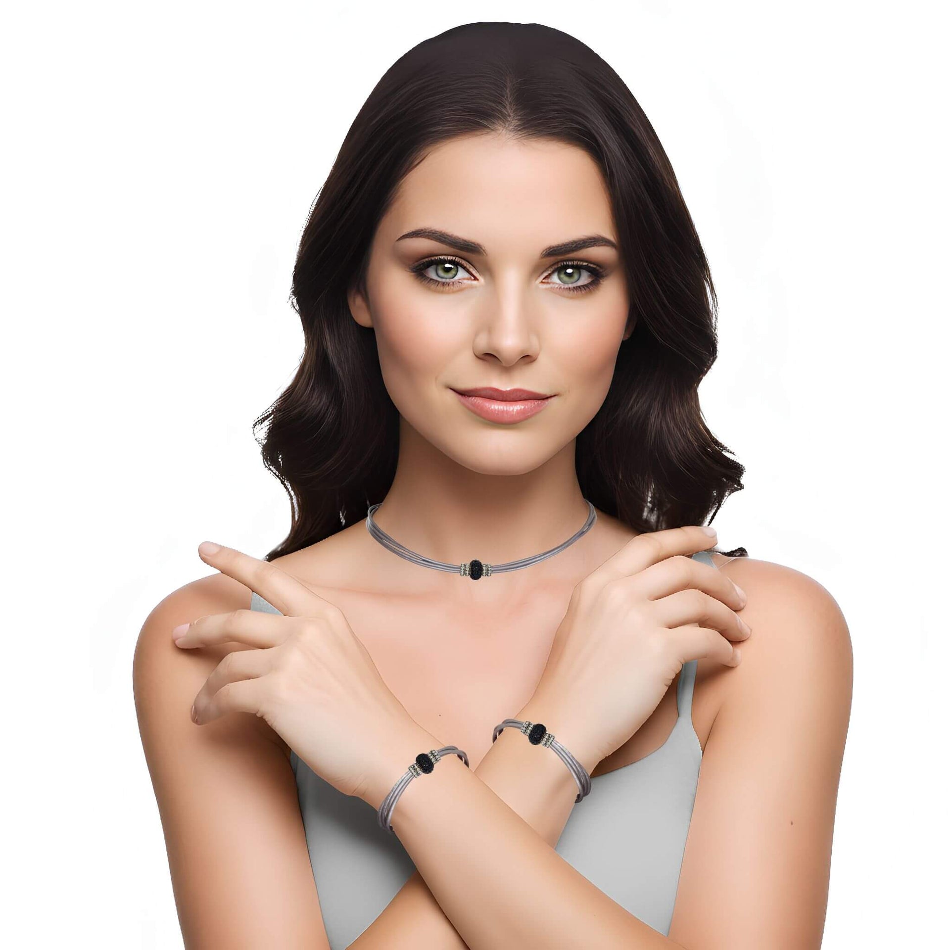 Set conjunto de pulsera y collar de cuero plata y strass negro