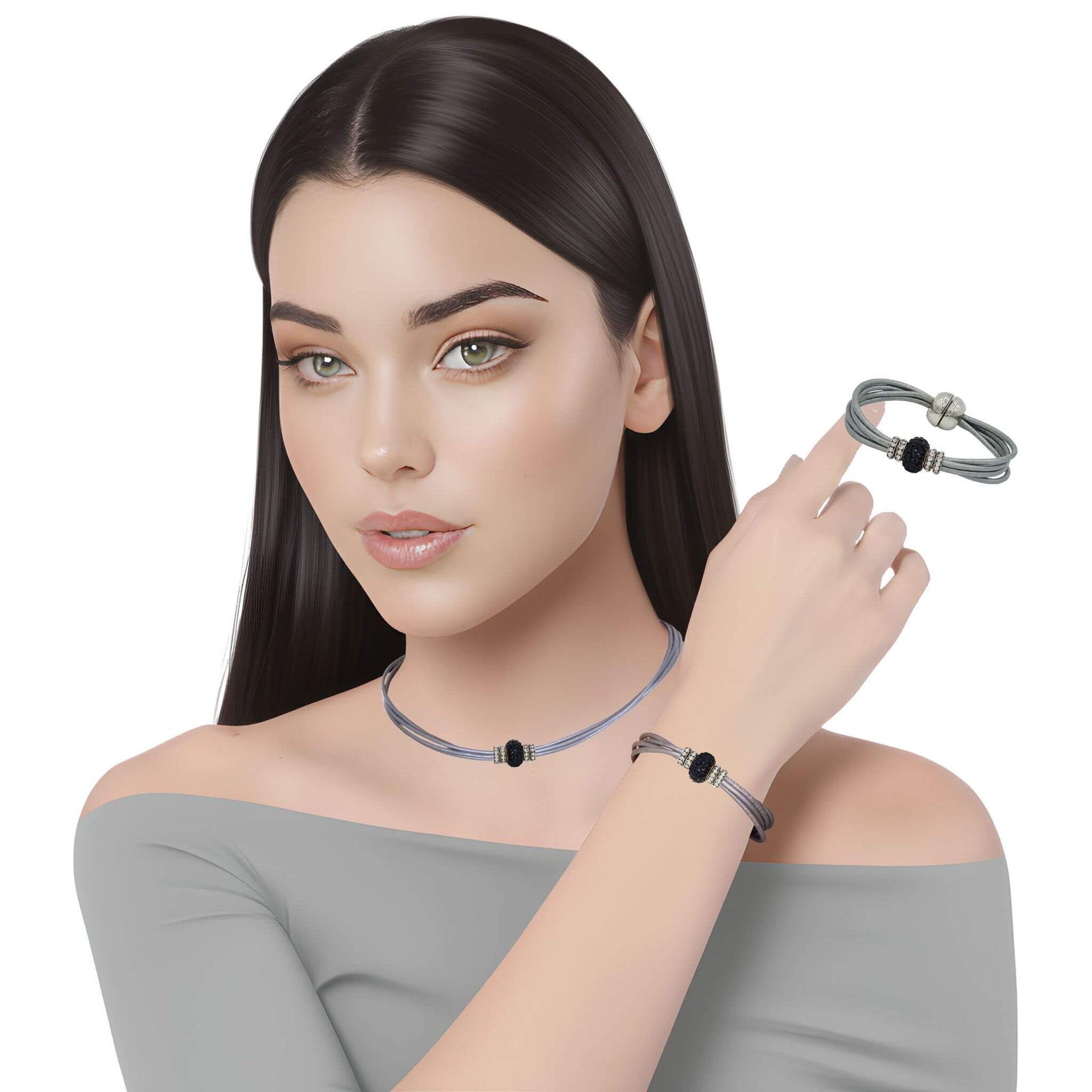 Set conjunto de pulsera y collar de cuero plata y strass negro