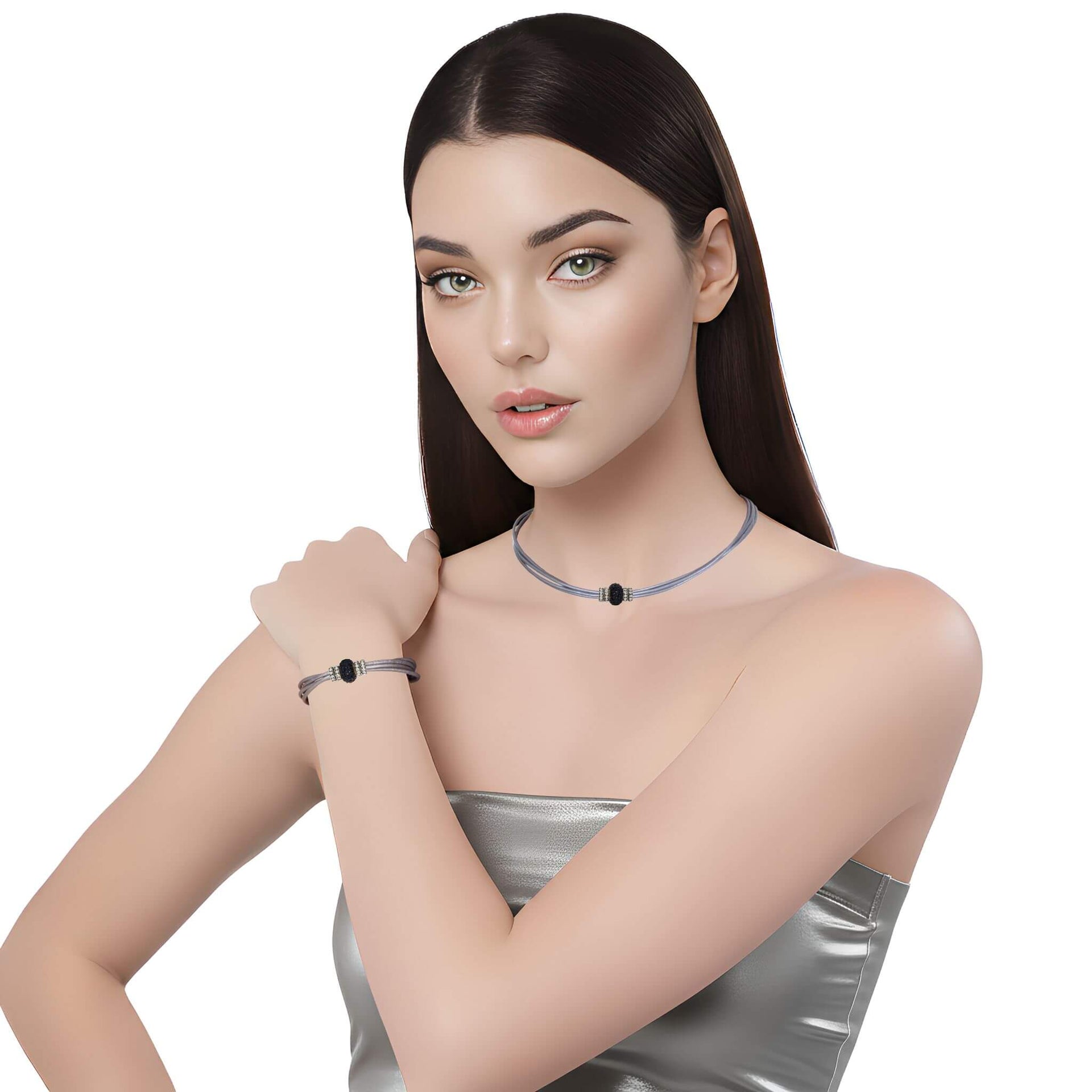 Set conjunto de pulsera y collar de cuero plata y strass negro