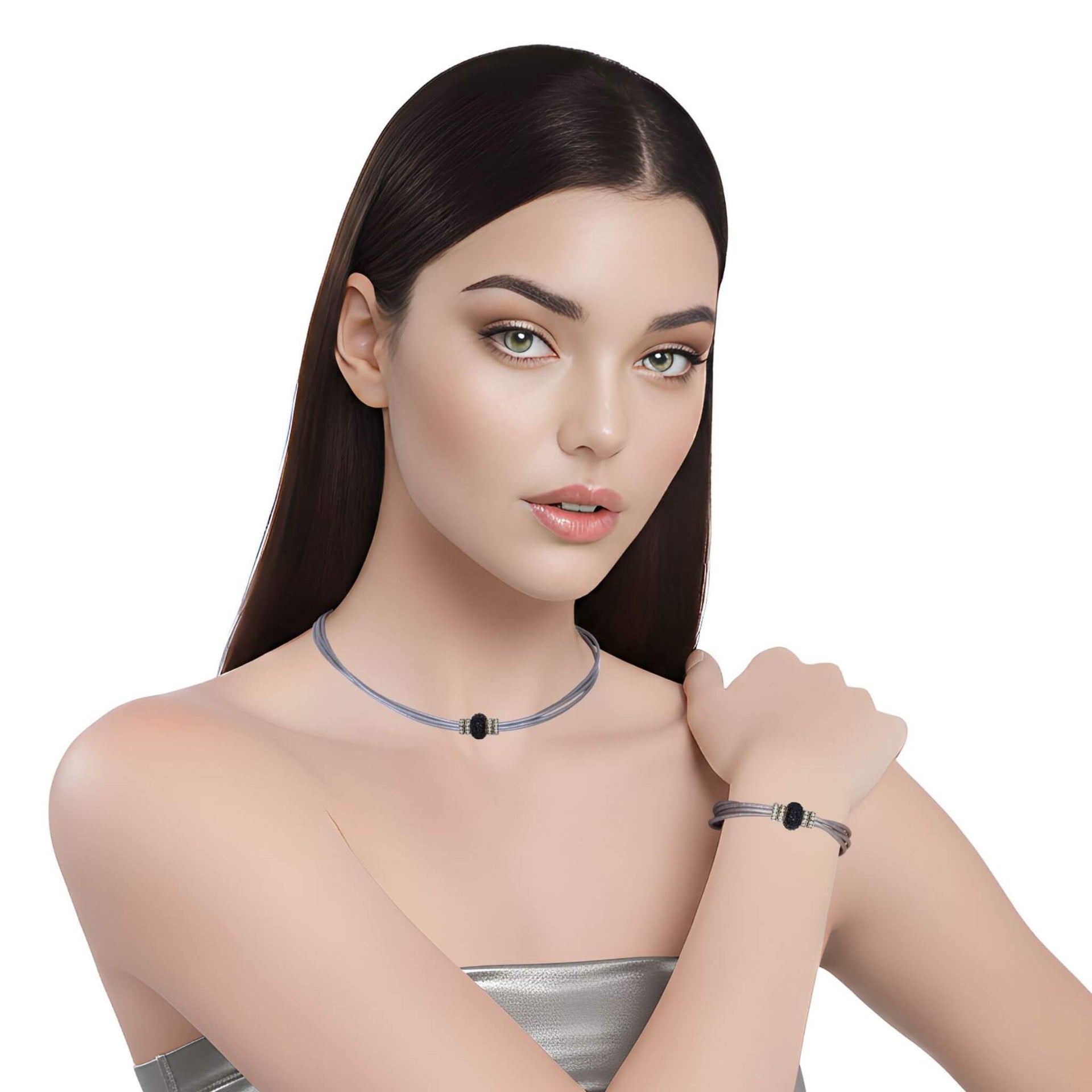 Set conjunto de pulsera y collar de cuero plata y strass negro