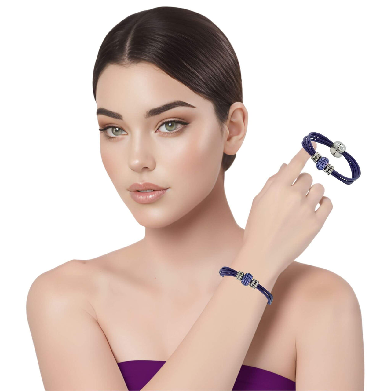 Pulsera de cuero morado y brillantes de cristal morado