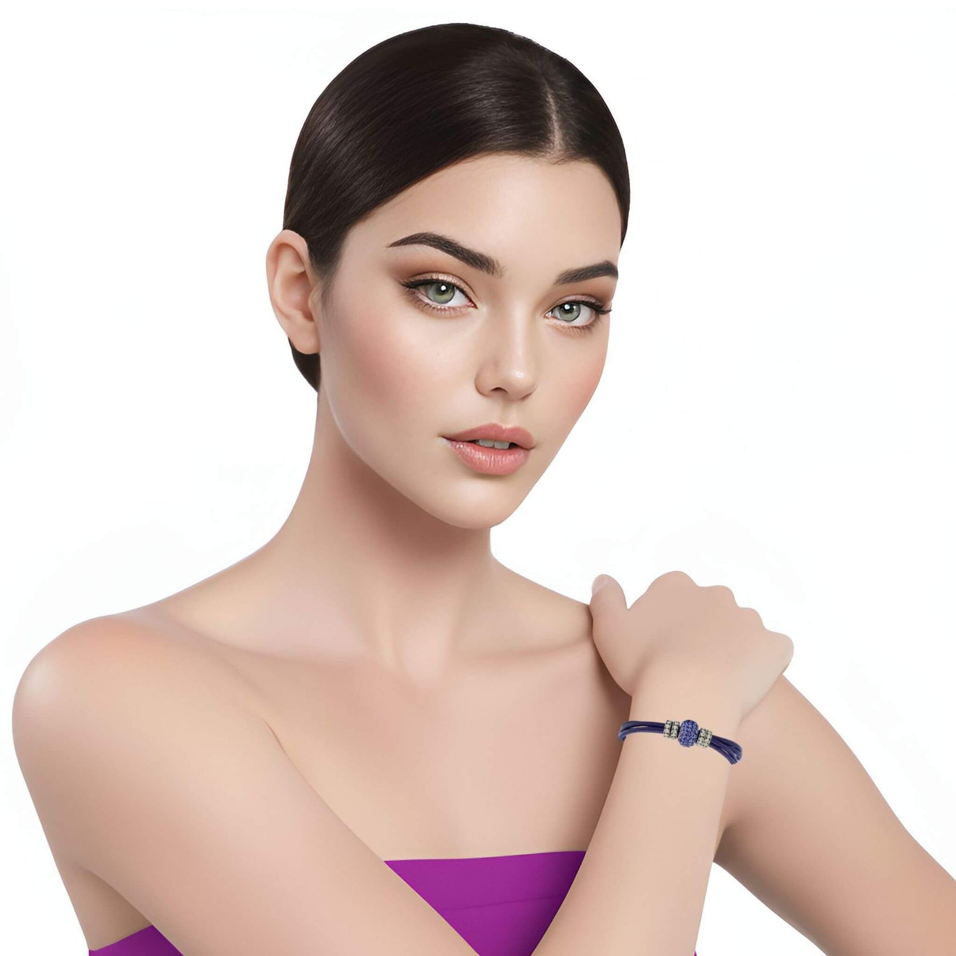 Pulsera de cuero morado y brillantes de cristal morado