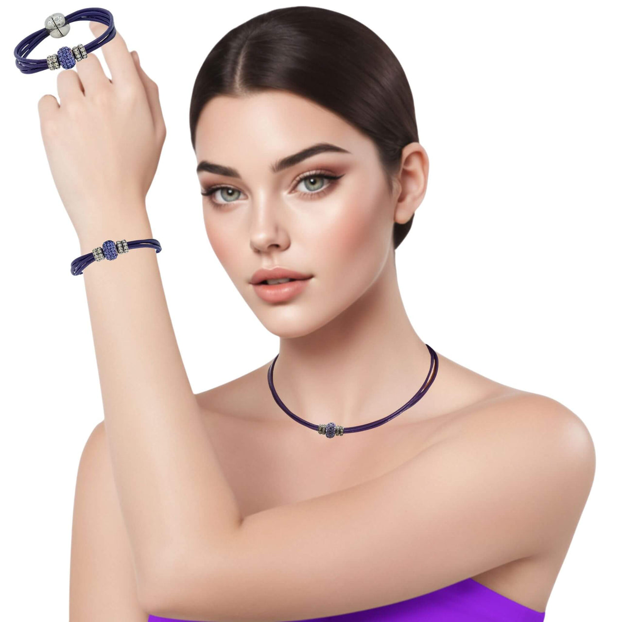 Set conjunto de collar gargantilla y pulsera de cuero morado y brillantes de cristal morado