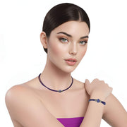 Set conjunto de collar gargantilla y pulsera de cuero morado y brillantes de cristal morado