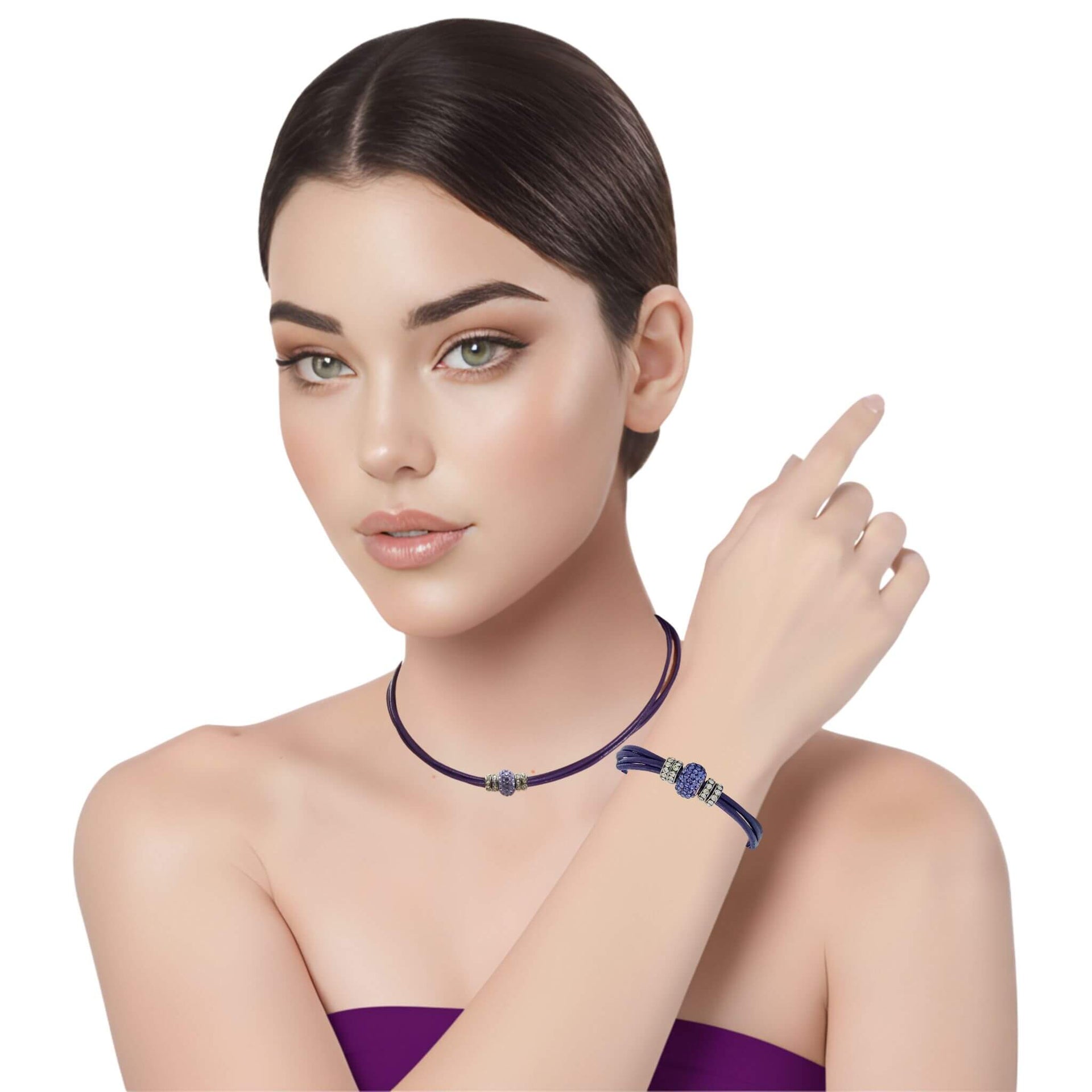 Set conjunto de collar gargantilla y pulsera de cuero morado y brillantes de cristal morado