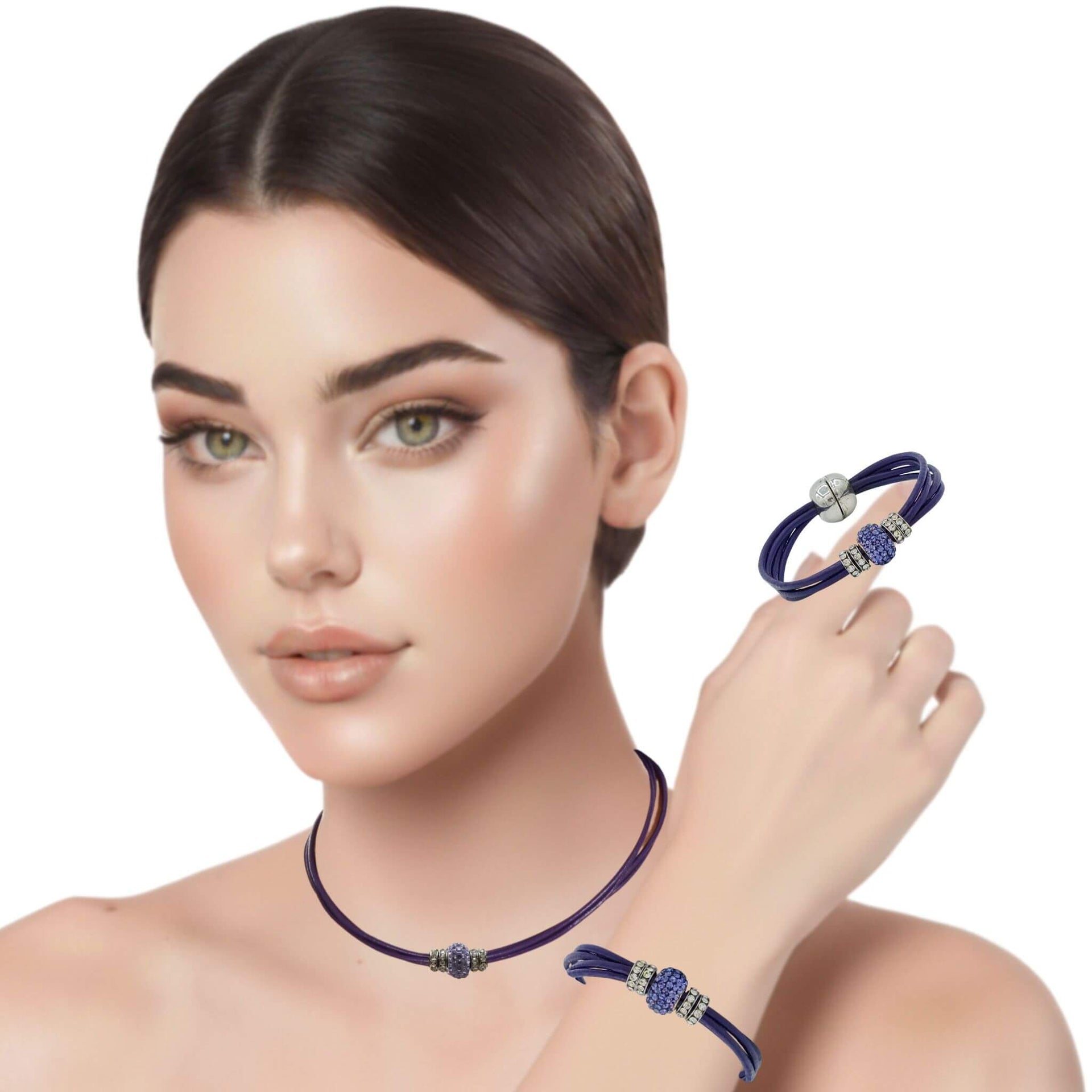 Set conjunto de collar gargantilla y pulsera de cuero morado y brillantes de cristal morado