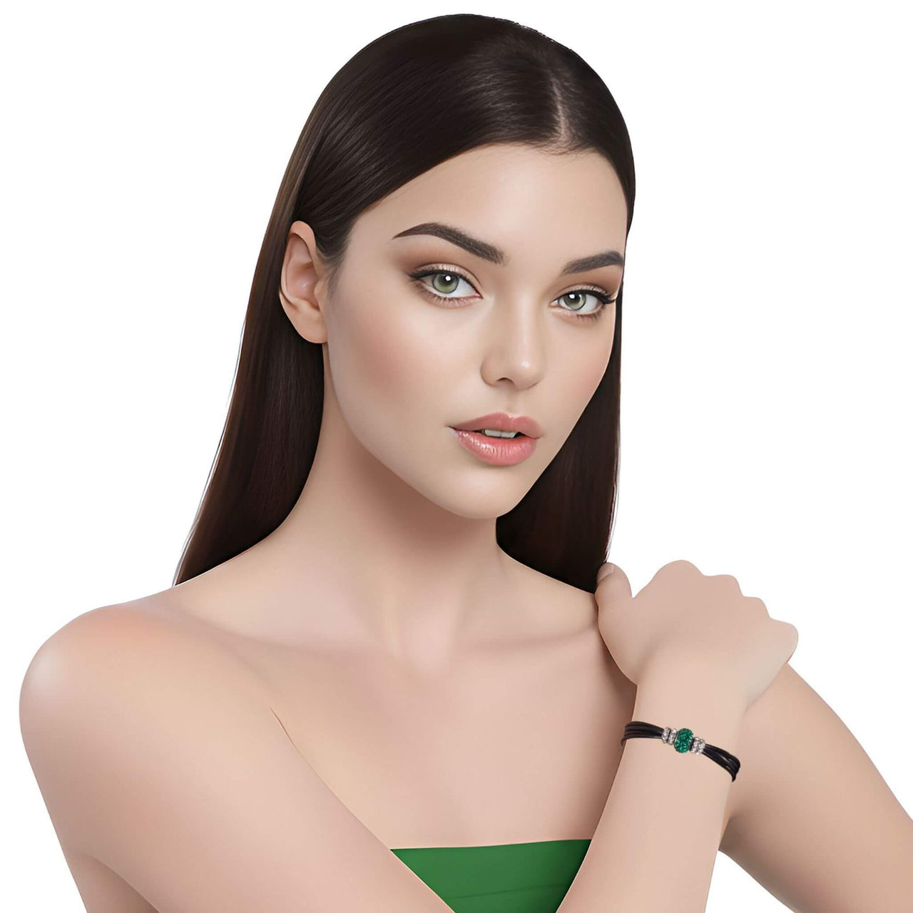 Pulsera de cuero negro y central de brillantes de cristal verde