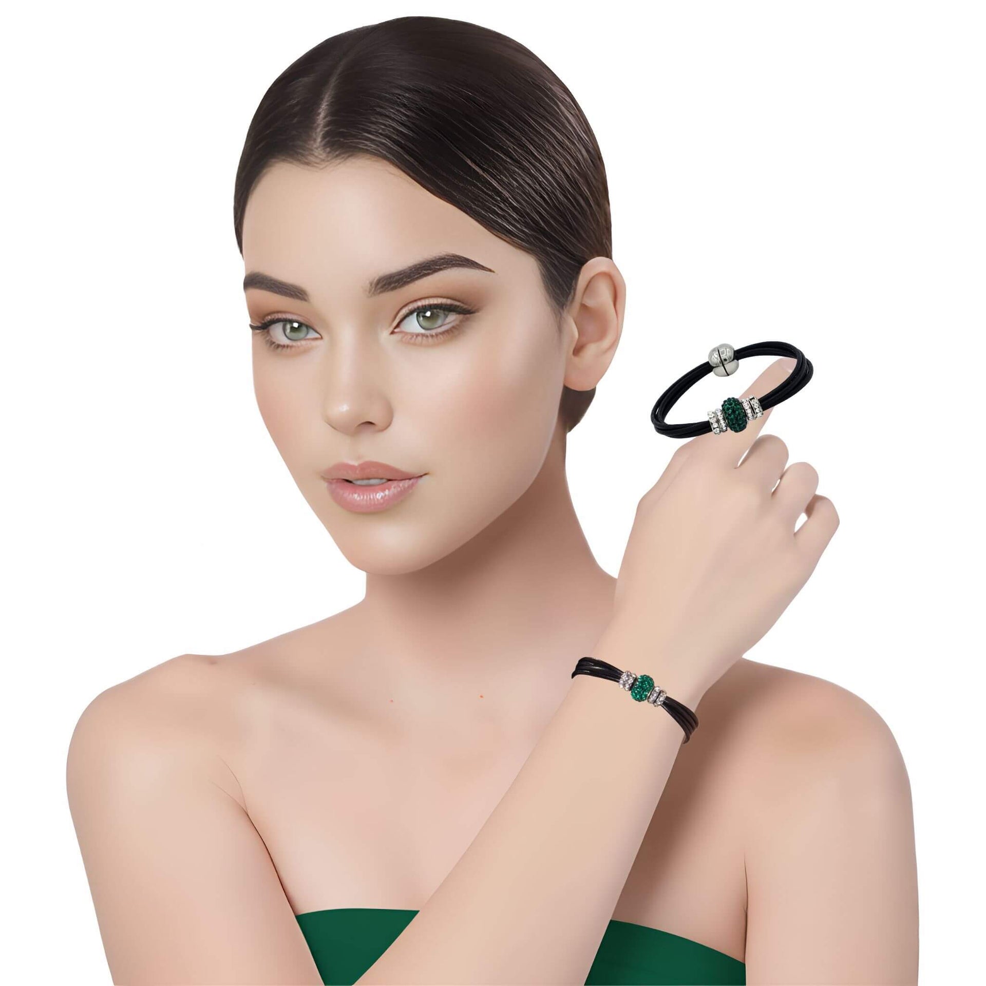 Pulsera de cuero negro y central de brillantes de cristal verde