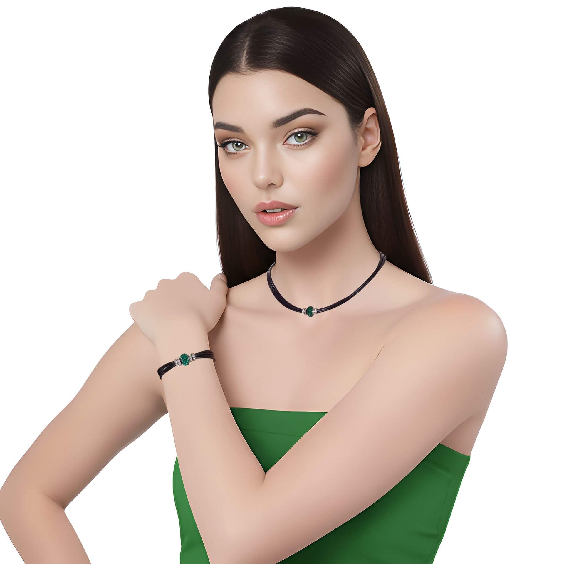 Set de pulsera y collar de cuero negro y brillantes de cristal verde