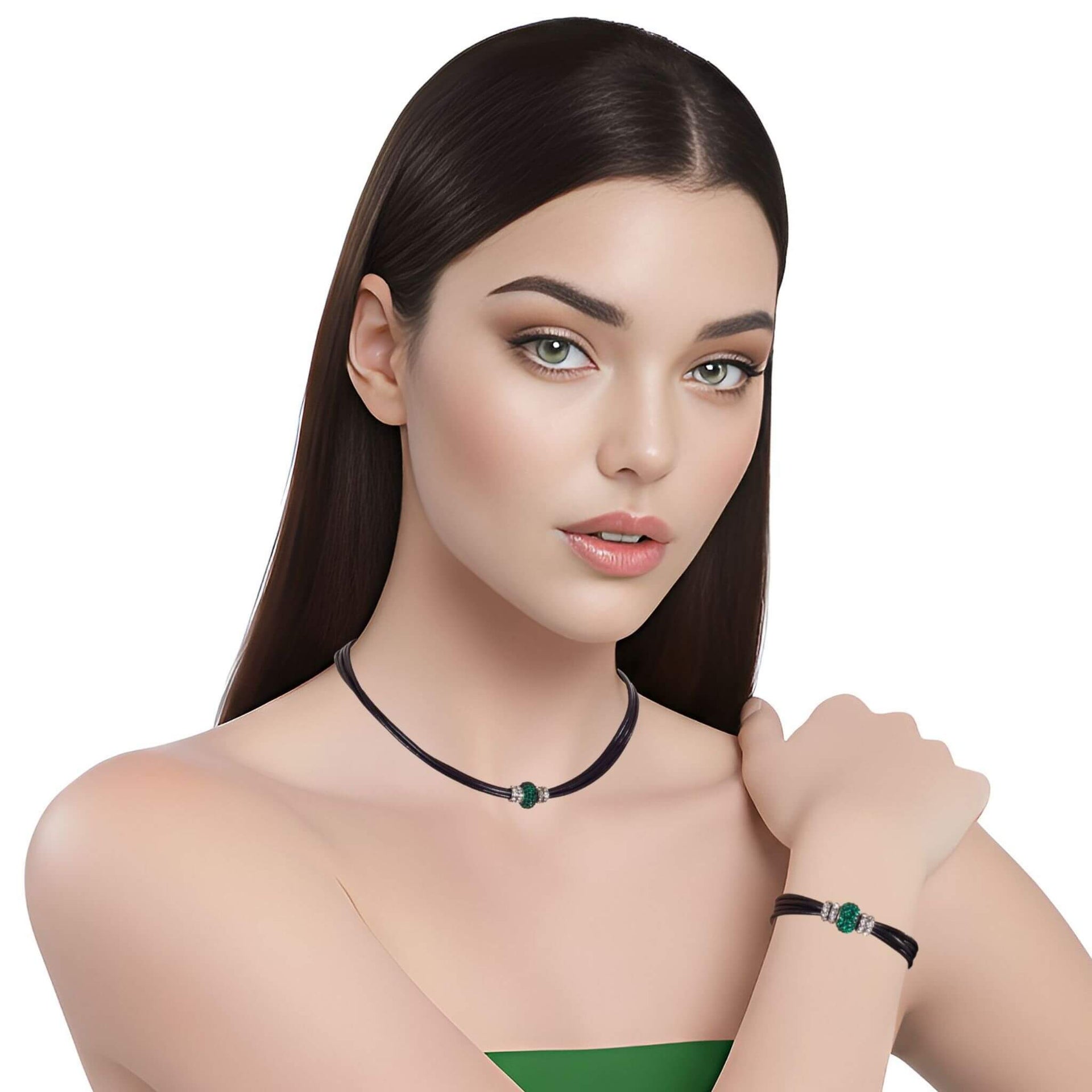 Set de pulsera y collar de cuero negro y brillantes de cristal verde