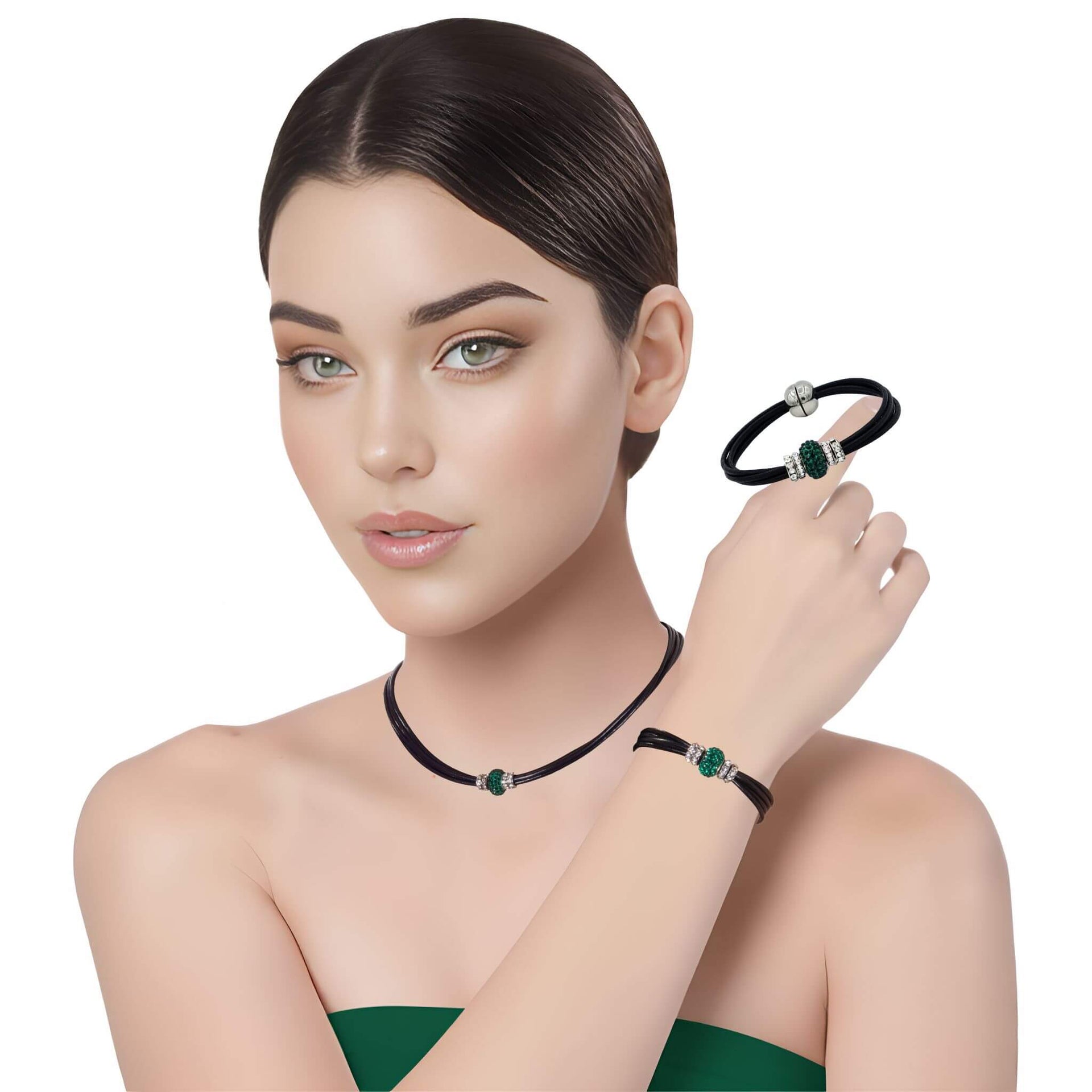 Set de pulsera y collar de cuero negro y brillantes de cristal verde