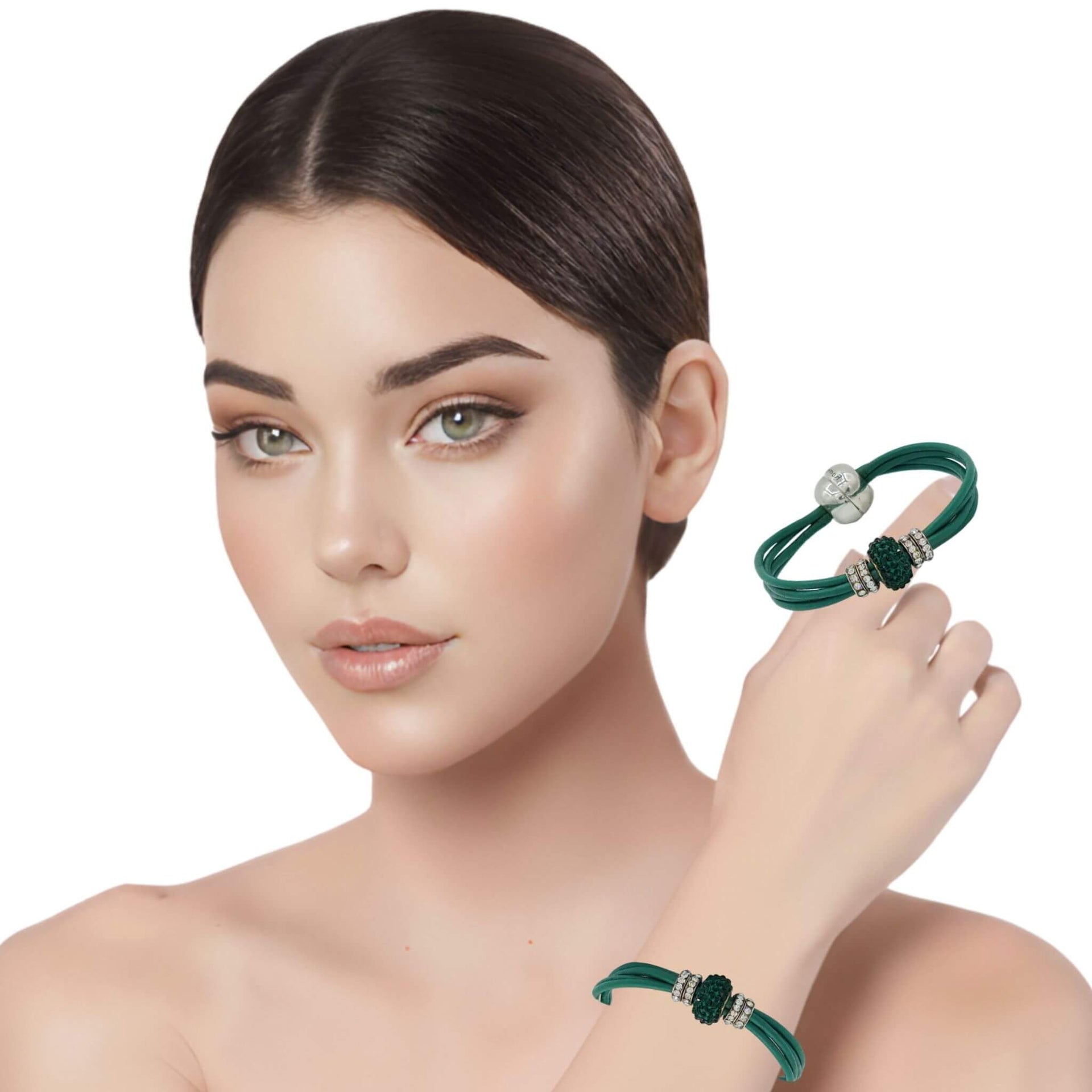 Pulsera de cuero verde y central de brillantes de cristal verde