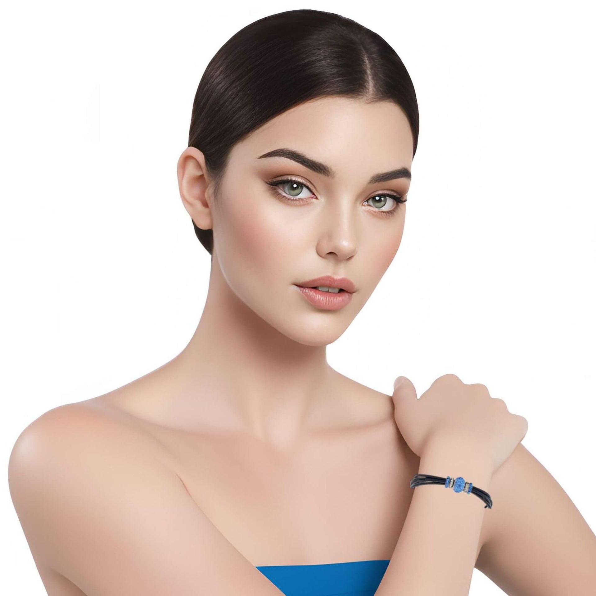Pulsera de cuero negro y central de brillantes de cristal azul