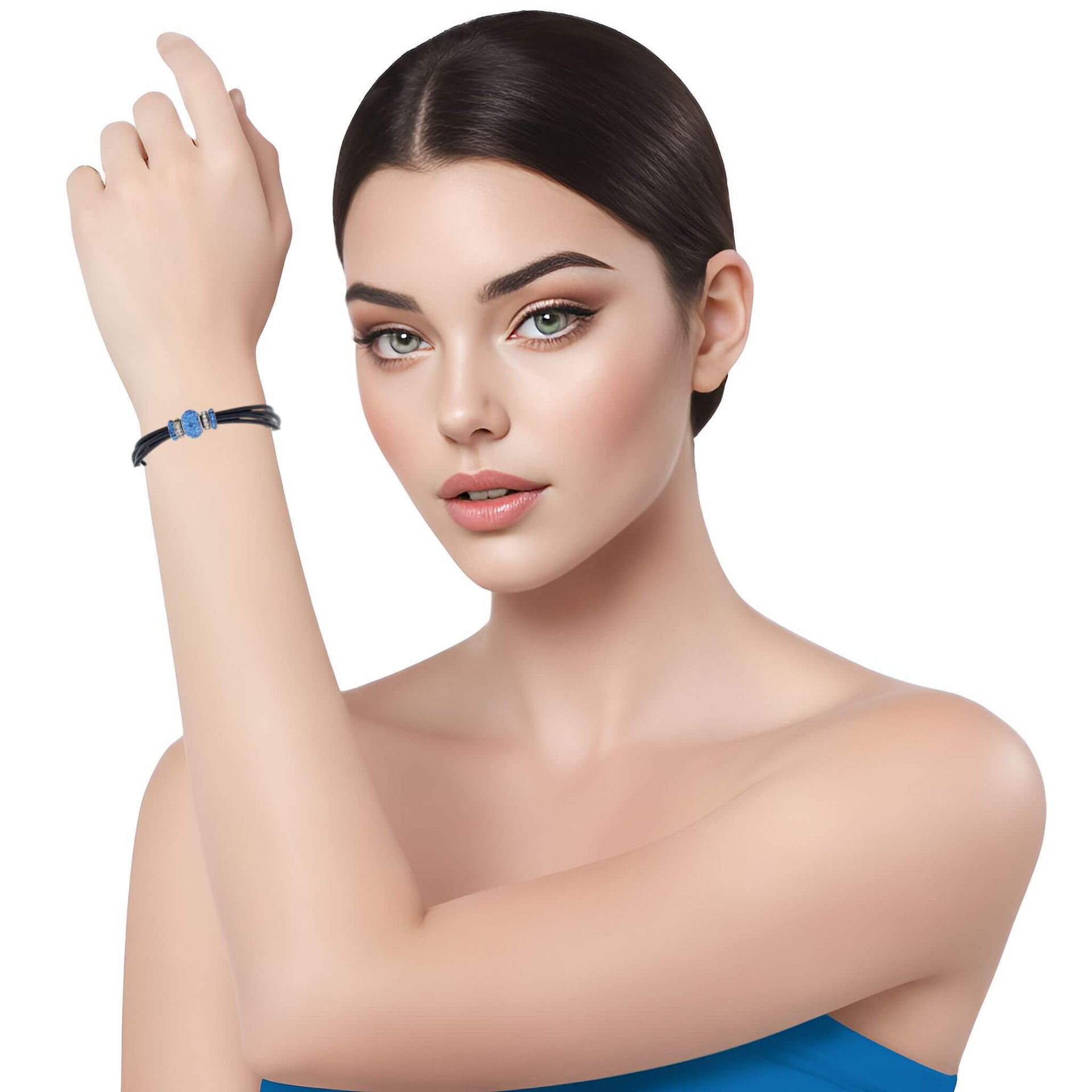 Pulsera de cuero negro y central de brillantes de cristal azul
