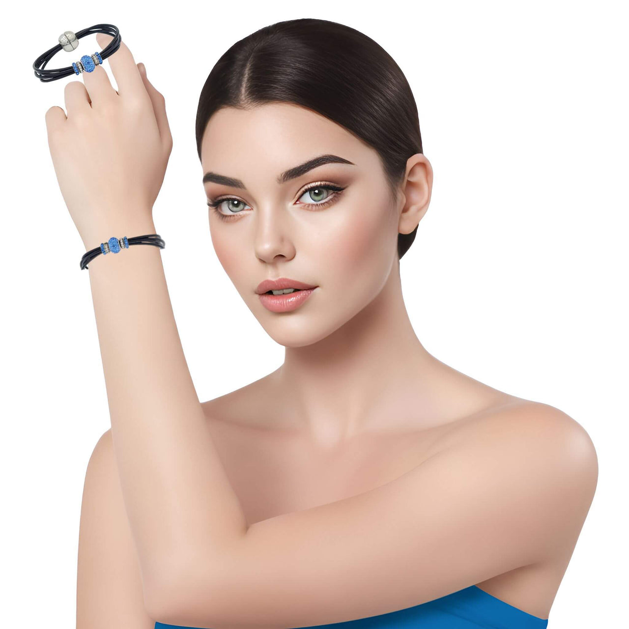 Pulsera de cuero negro y central de brillantes de cristal azul