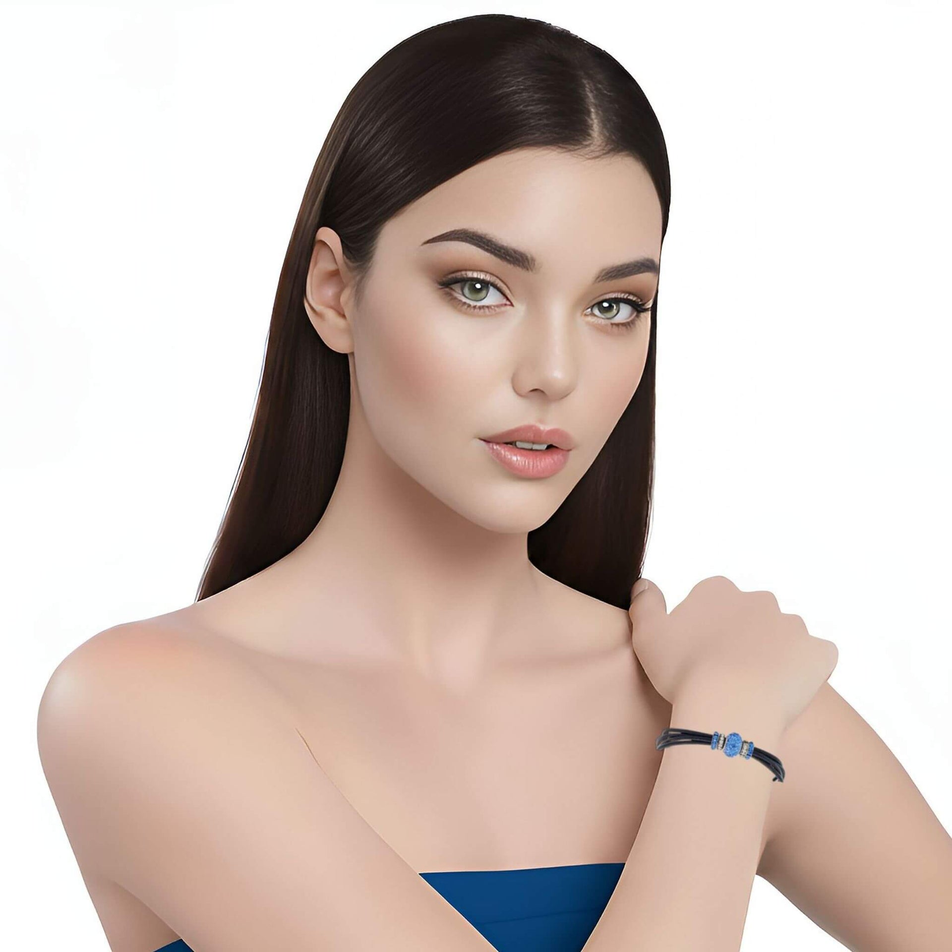Pulsera de cuero negro y central de brillantes de cristal azul