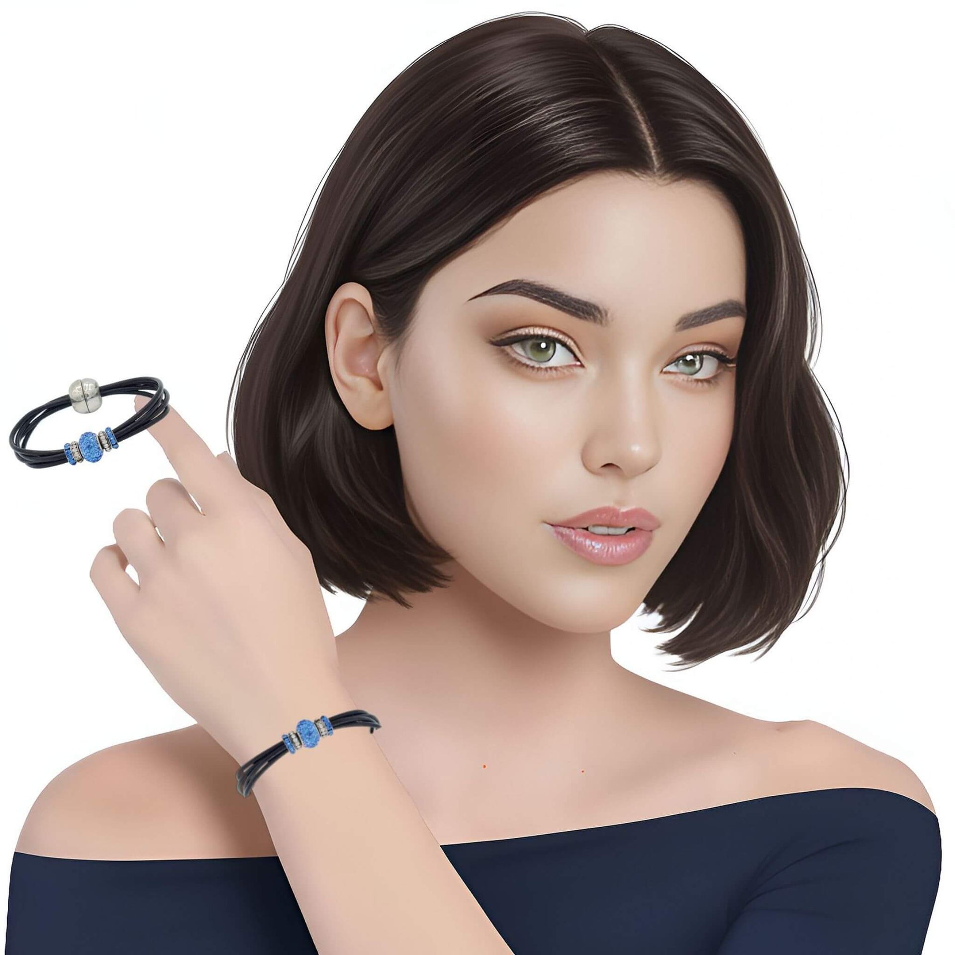 Pulsera de cuero negro y central de brillantes de cristal azul