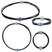 Set de pulsera y collar de cuero negro y brillantes de cristal azul