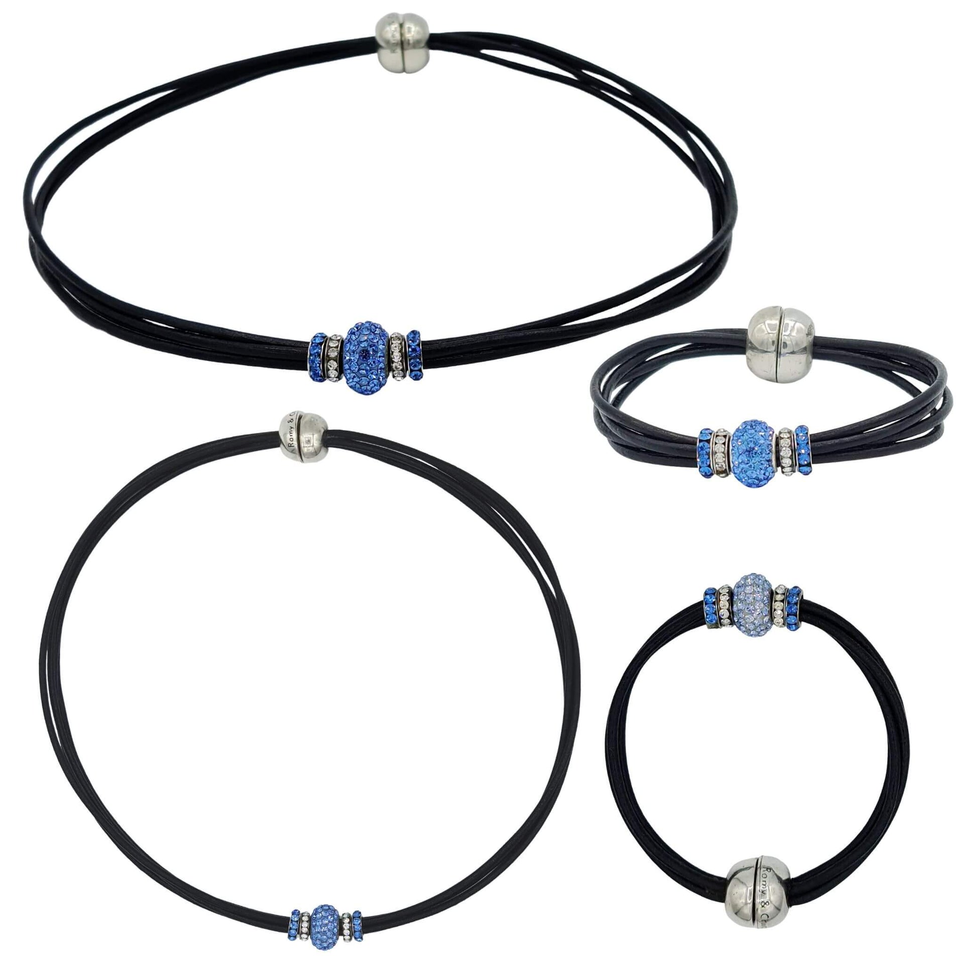 Set de pulsera y collar de cuero negro y brillantes de cristal azul