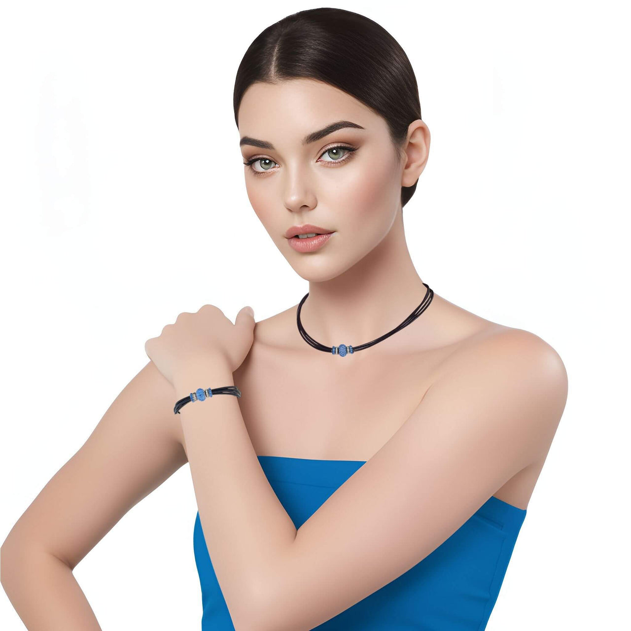 Set de pulsera y collar de cuero negro y brillantes de cristal azul