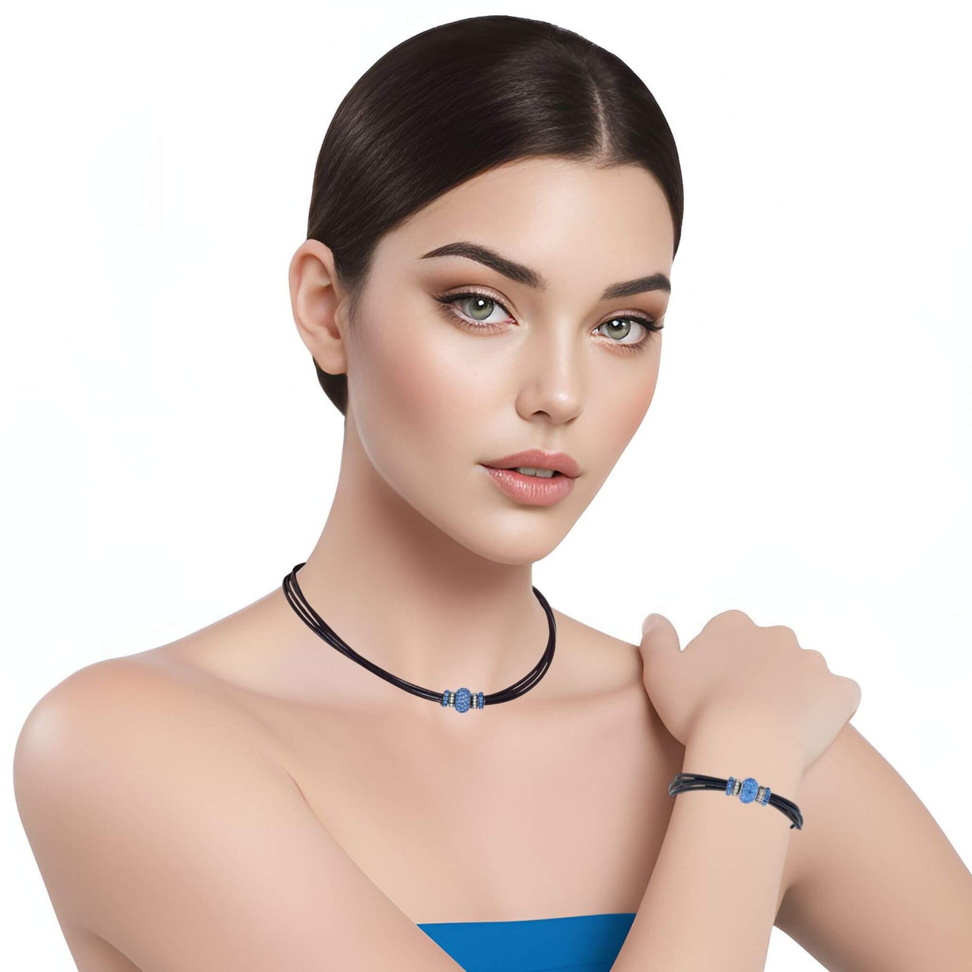 Set de pulsera y collar de cuero negro y brillantes de cristal azul