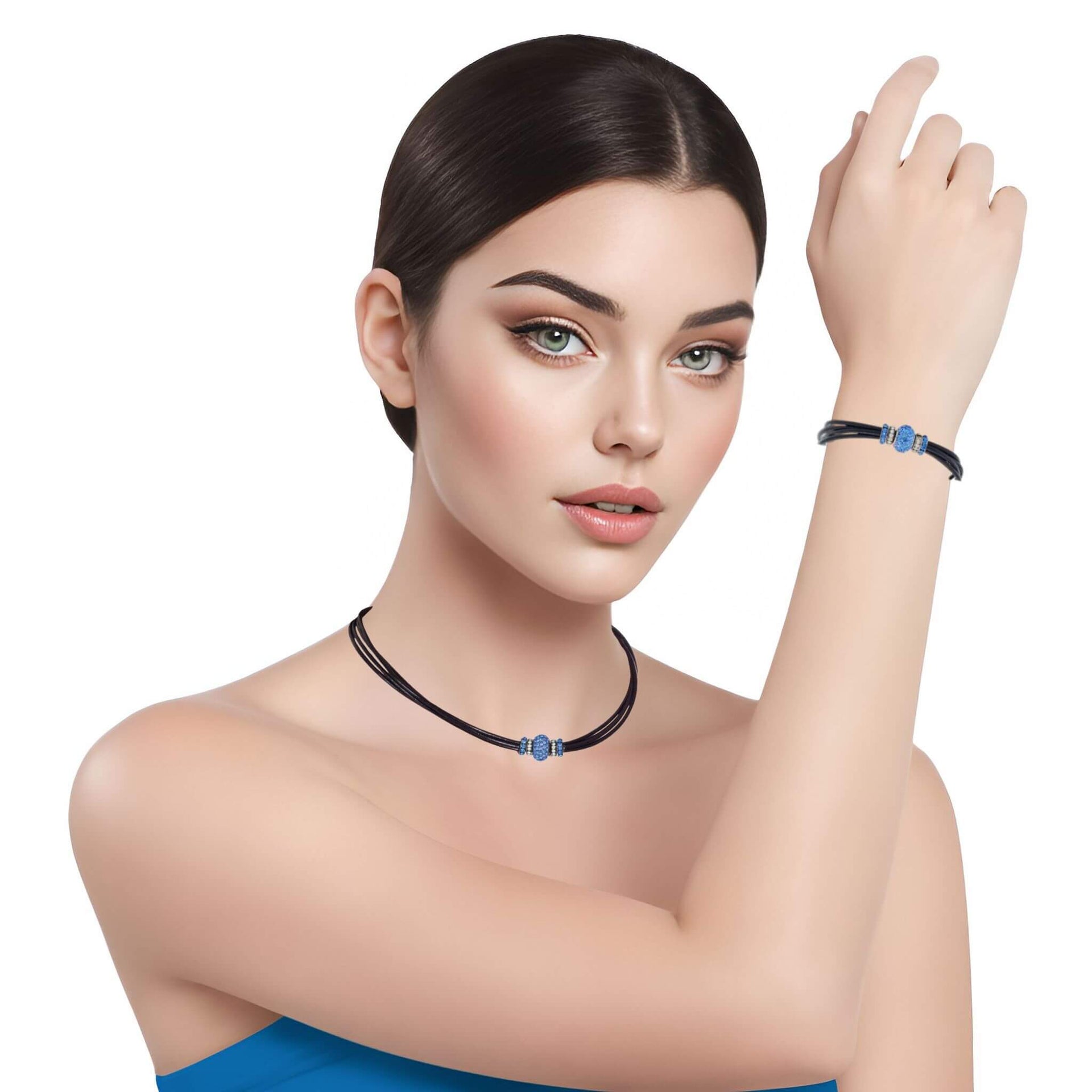 Set de pulsera y collar de cuero negro y brillantes de cristal azul