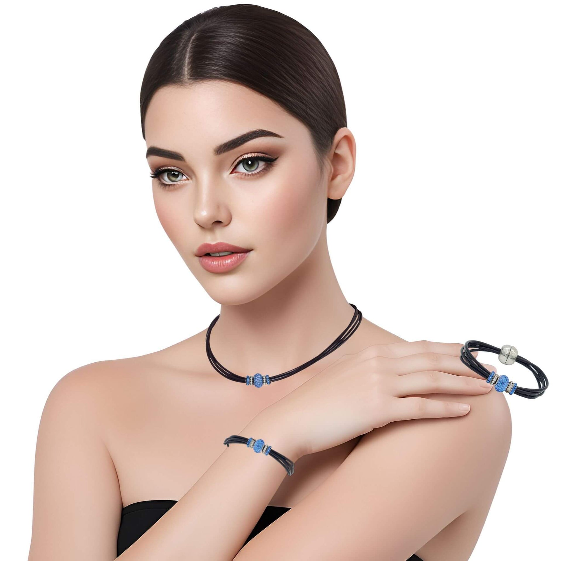 Set de pulsera y collar de cuero negro y brillantes de cristal azul