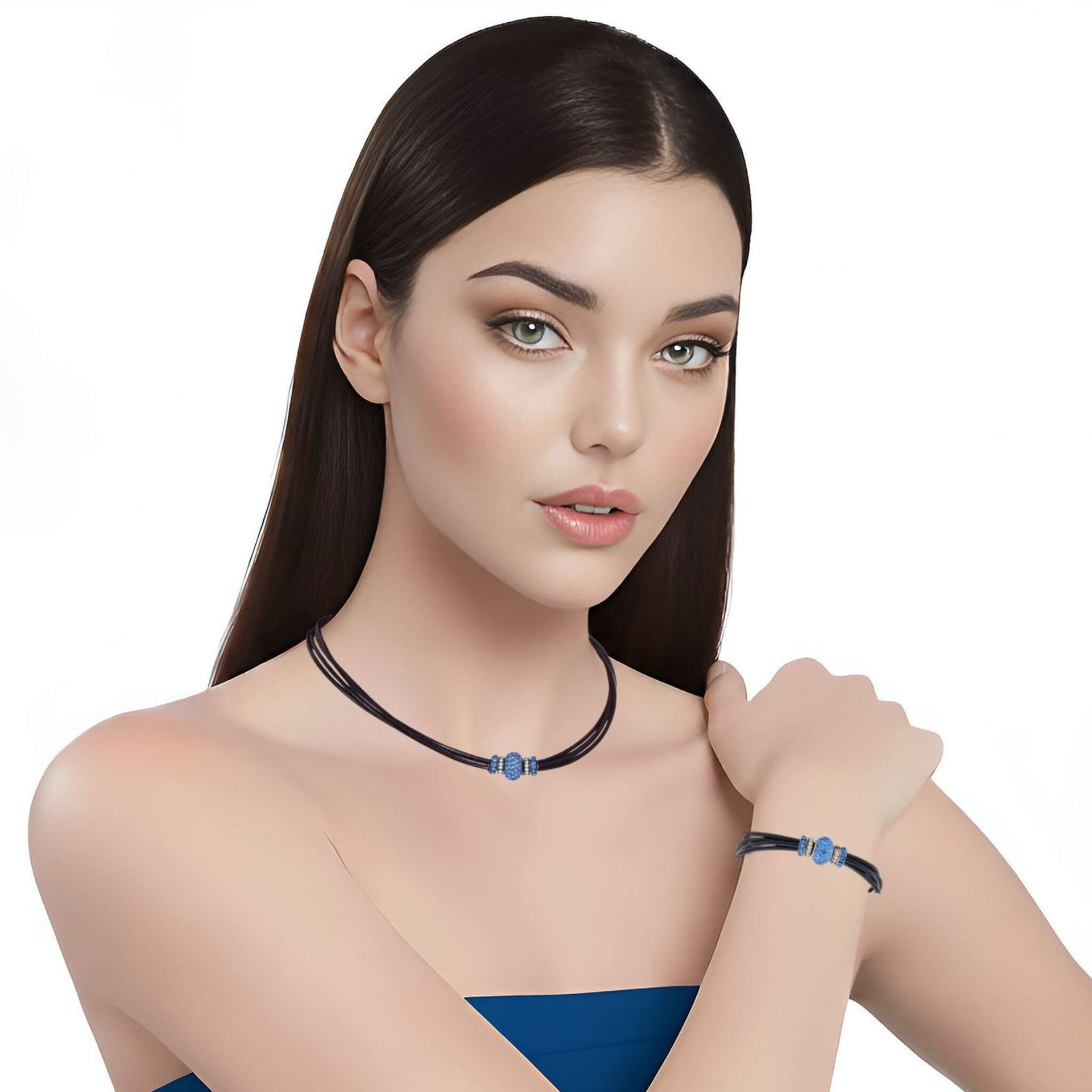 Set de pulsera y collar de cuero negro y brillantes de cristal azul