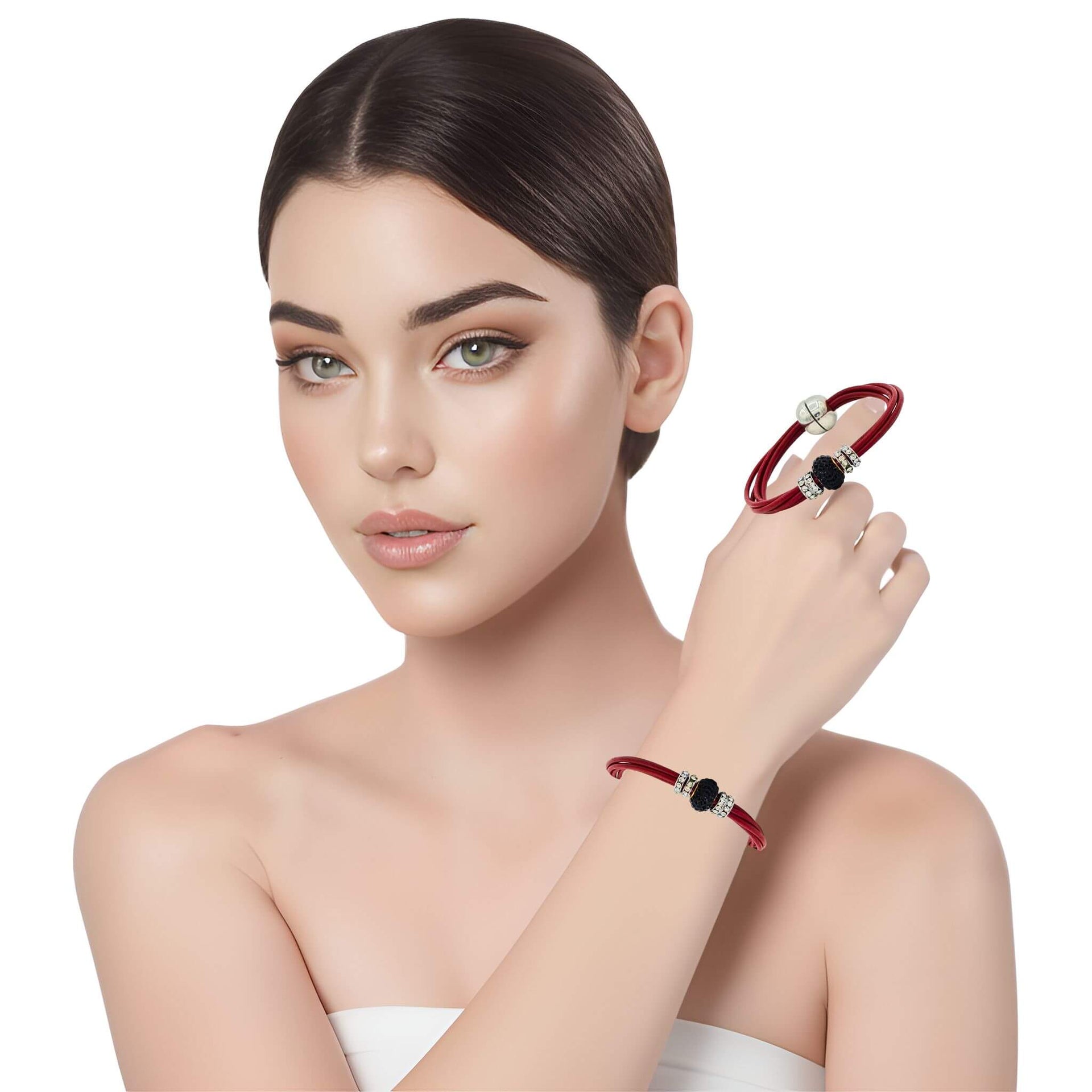 Pulsera de cuero rojo y central de brillantes de cristal negro