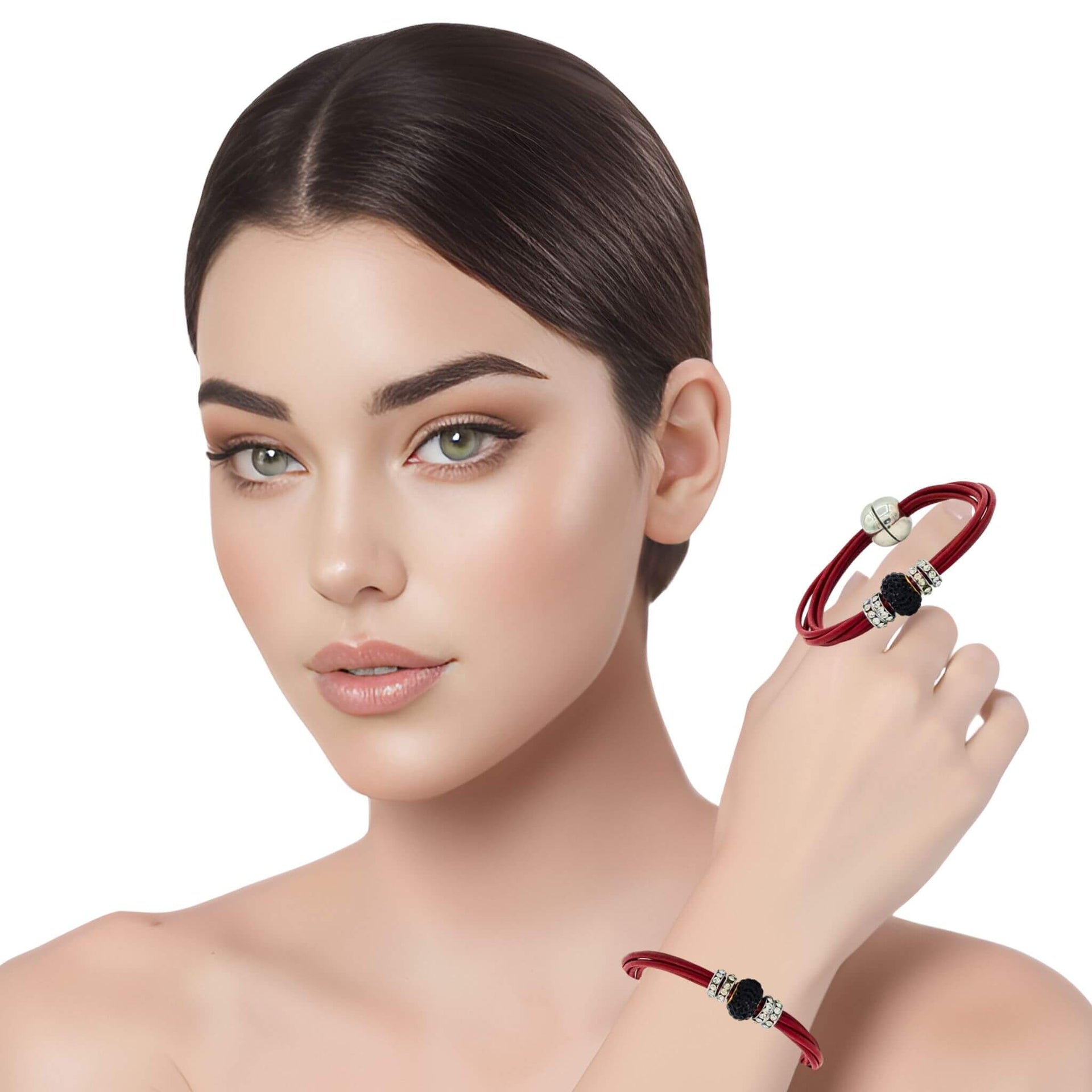 Pulsera de cuero rojo y central de brillantes de cristal negro