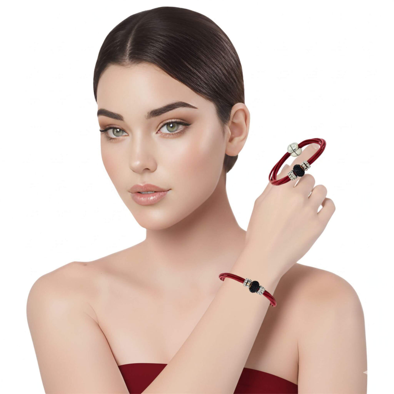 Pulsera de cuero rojo y central de brillantes de cristal negro