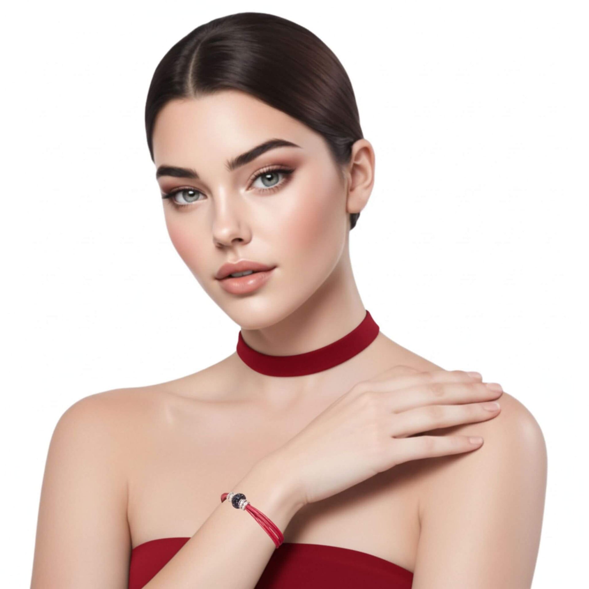 Pulsera de cuero rojo y central de brillantes de cristal negro