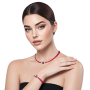 Set de pulsera y collar de cuero rojo y brillantes de cristal negro