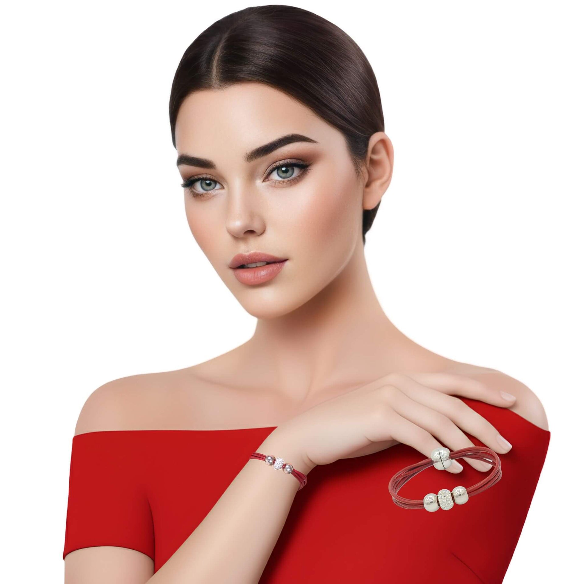 Pulsera de cuero rojo y brillantes de cristal blancos