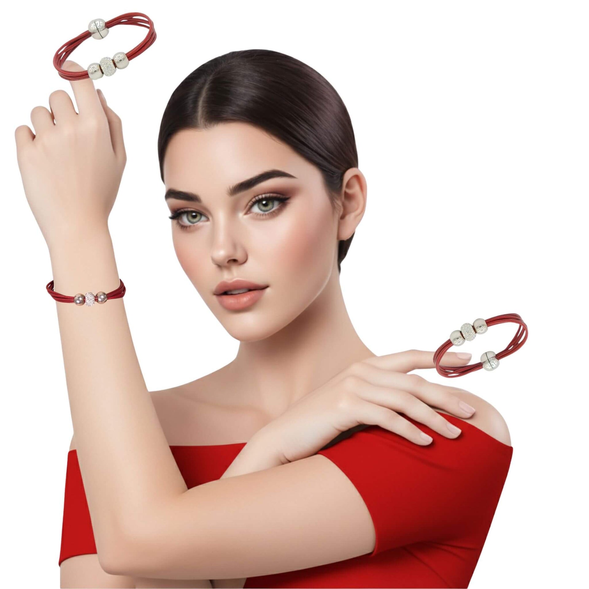 Pulsera de cuero rojo y brillantes de cristal blancos