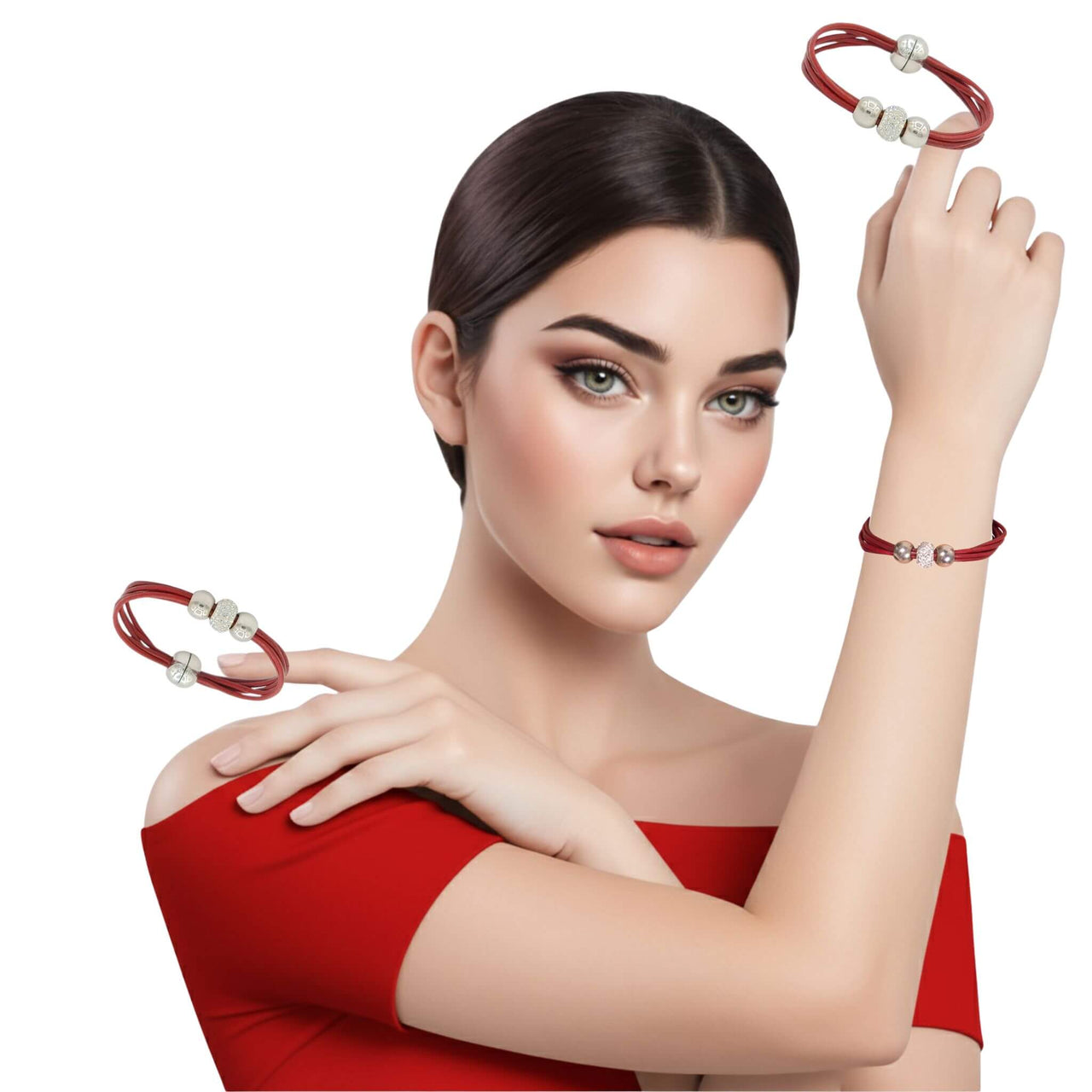 Pulsera de cuero rojo y brillantes de cristal blancos