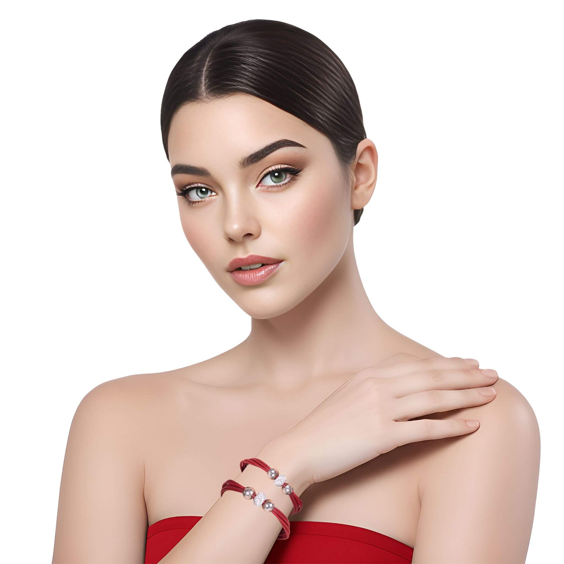 Pulsera de cuero rojo y brillantes de cristal blancos