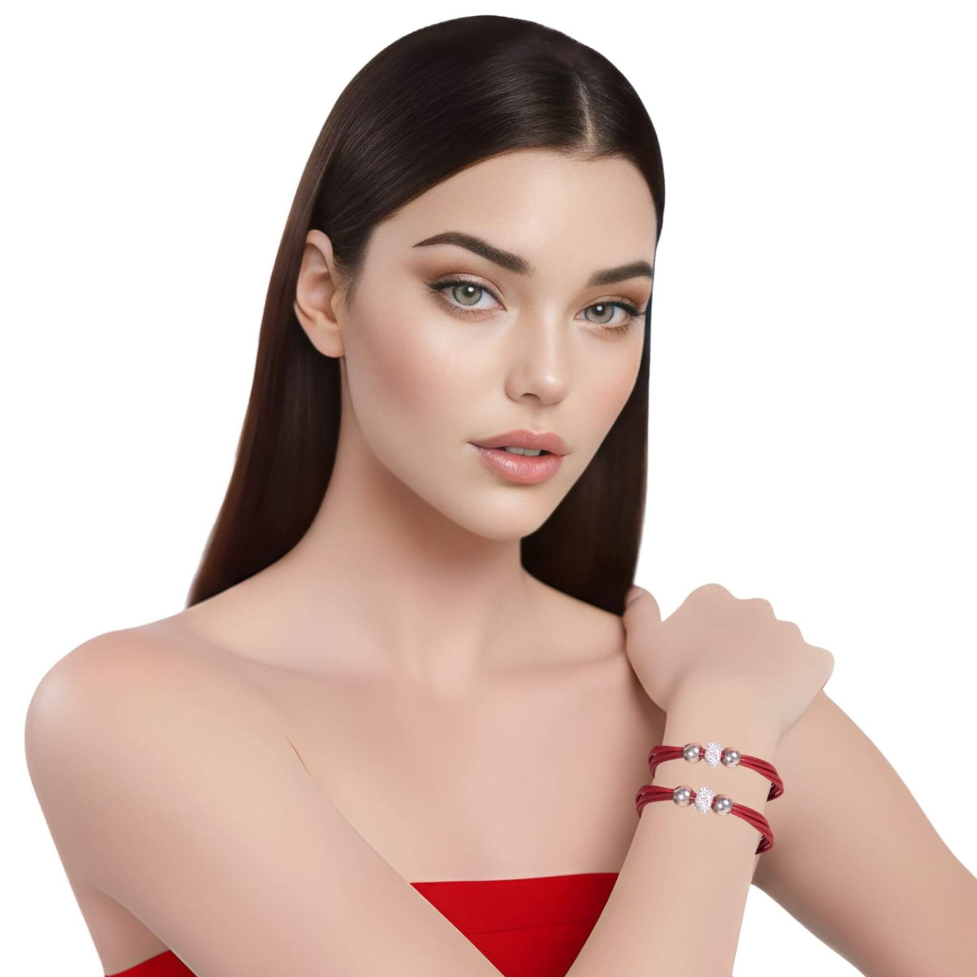 Pulsera de cuero rojo y brillantes de cristal blancos