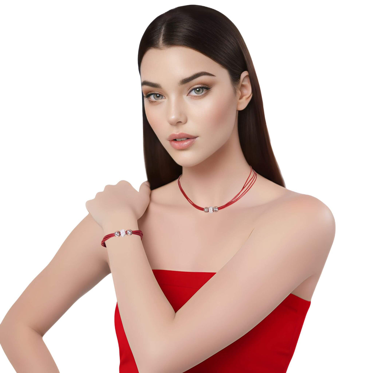 Set de pulsera y collar de cuero rojo y brillantes de cristal blancos