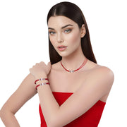 Set de pulsera y collar de cuero rojo y brillantes de cristal blancos
