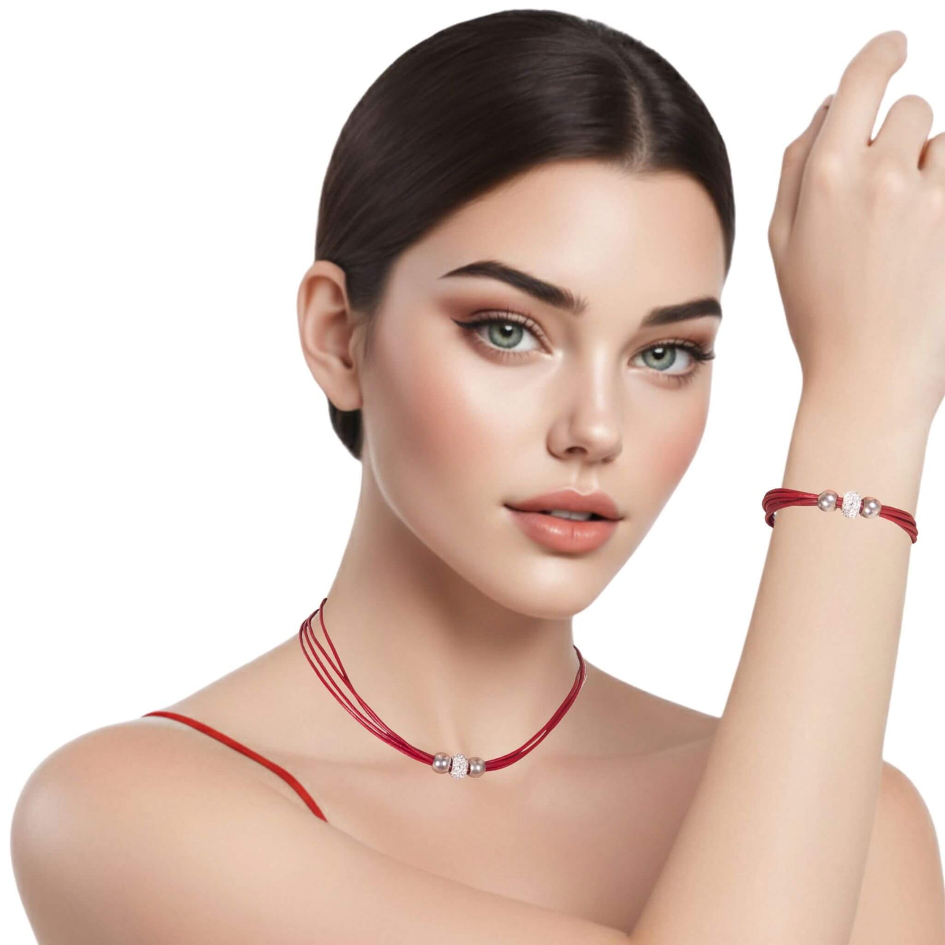 Set de pulsera y collar de cuero rojo y brillantes de cristal blancos