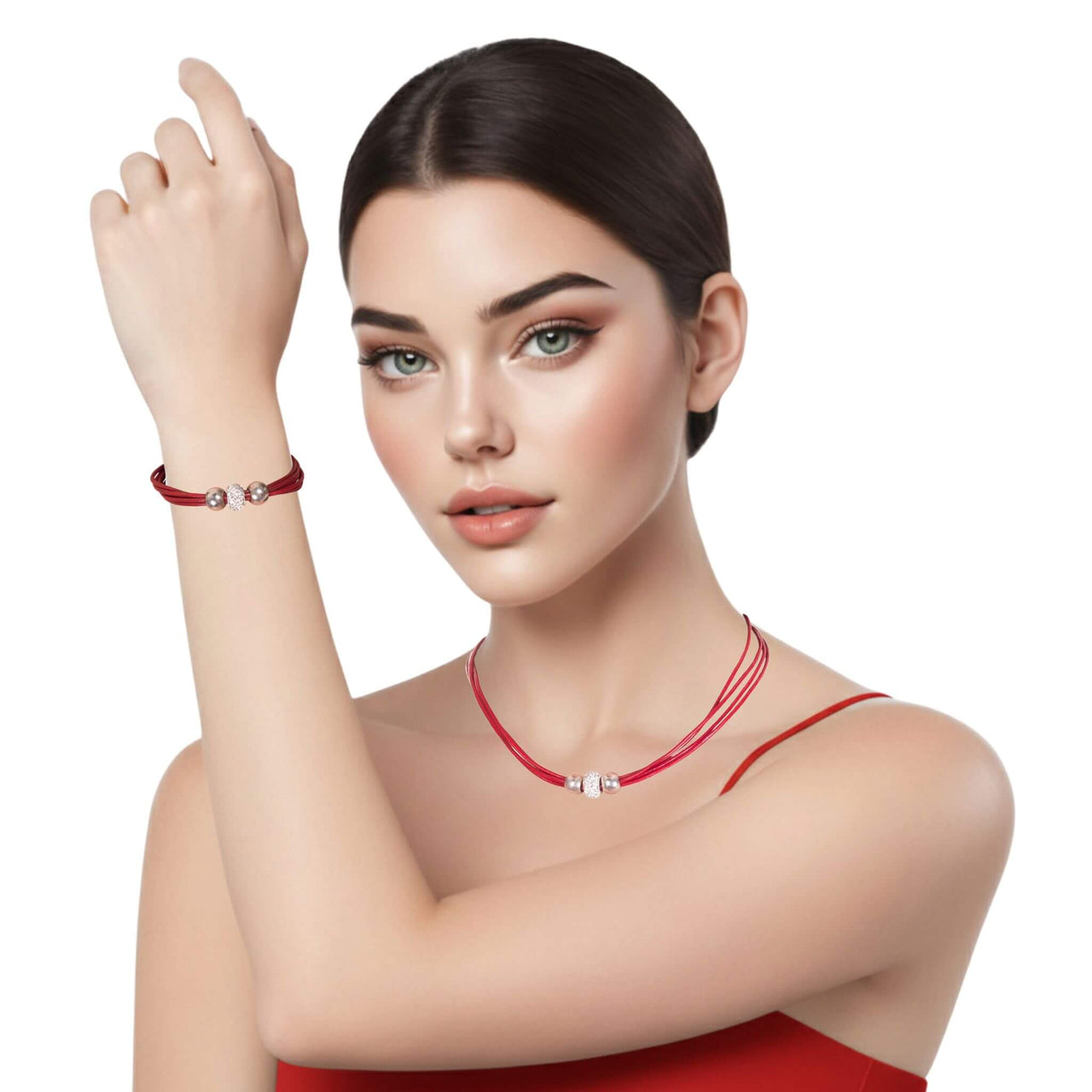 Set de pulsera y collar de cuero rojo y brillantes de cristal blancos