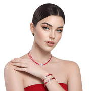 Set de pulsera y collar de cuero rojo y brillantes de cristal blancos