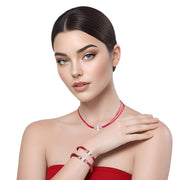 Set de pulsera y collar de cuero rojo y brillantes de cristal blancos
