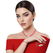 Set de pulsera y collar de cuero rojo y brillantes de cristal blancos