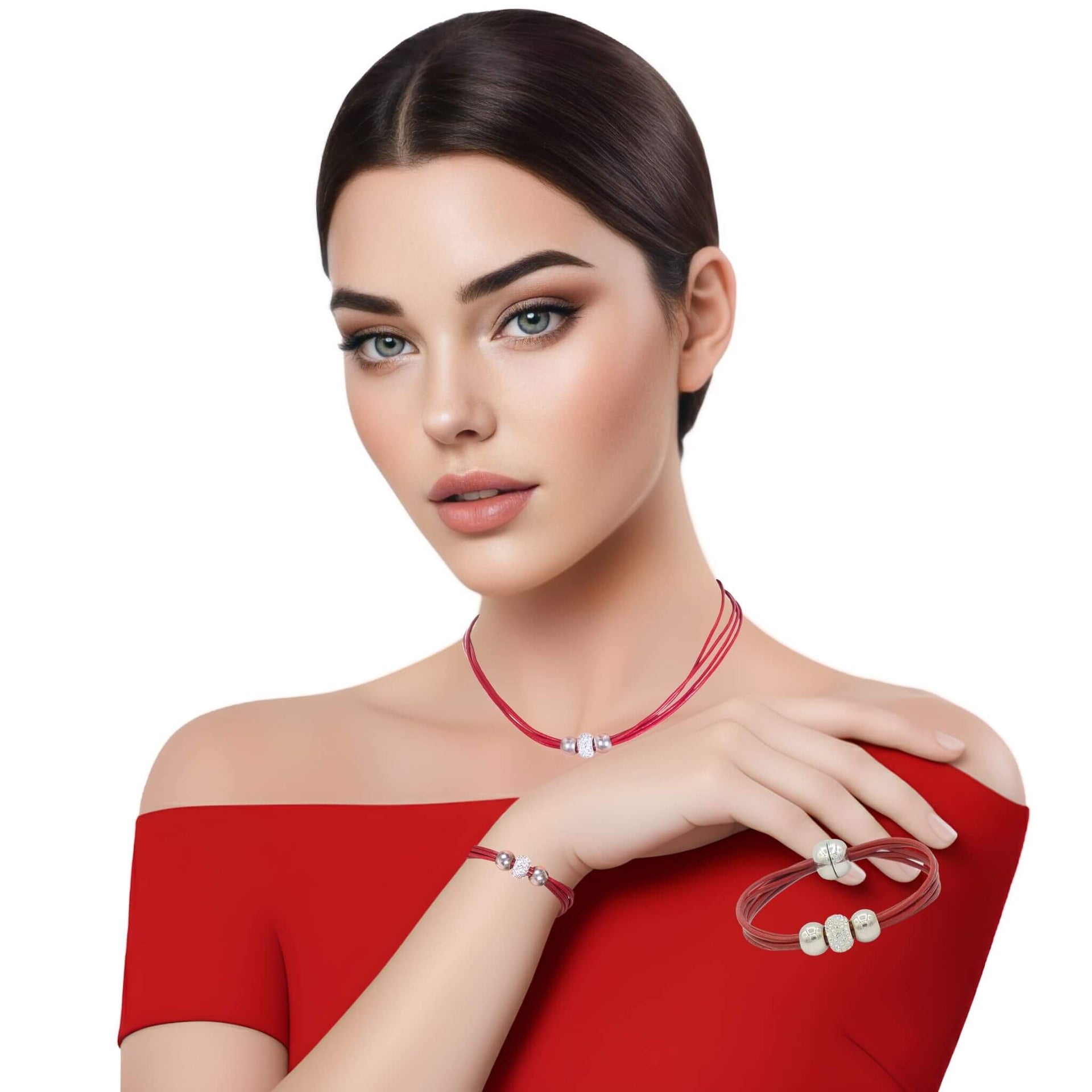 Set de pulsera y collar de cuero rojo y brillantes de cristal blancos