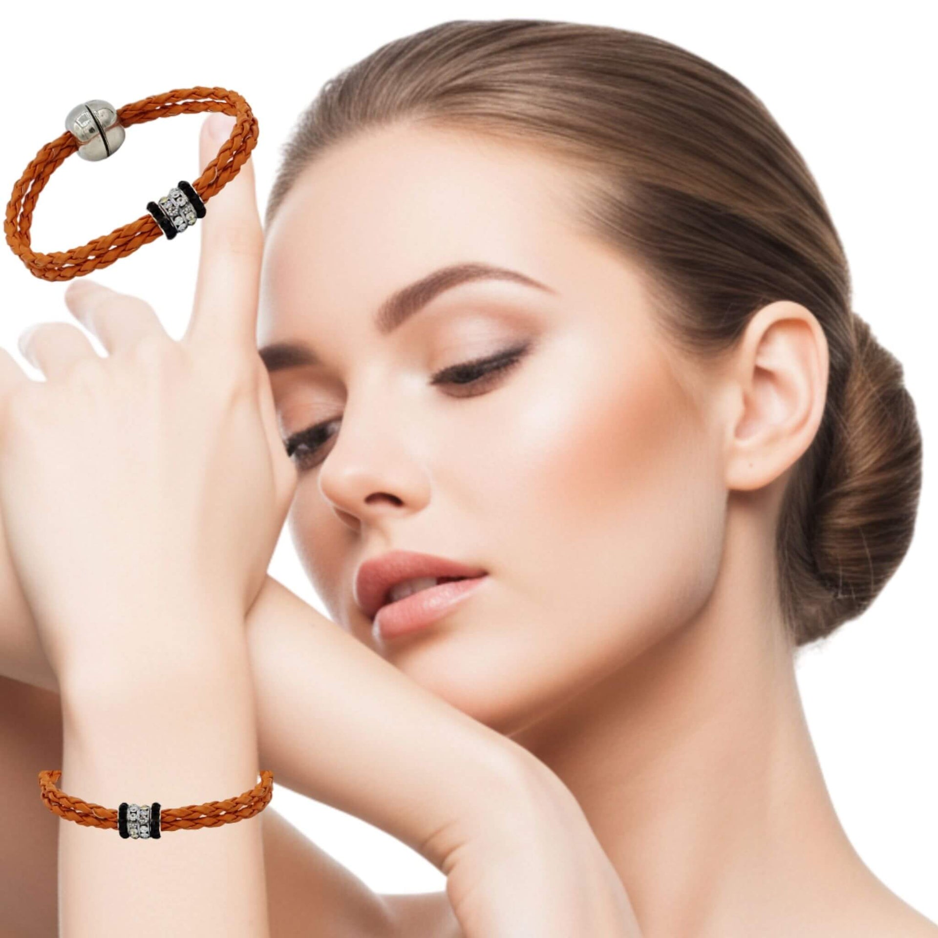 Pulsera de cuero sintético trenzado naranja y rondelles de stras centrales