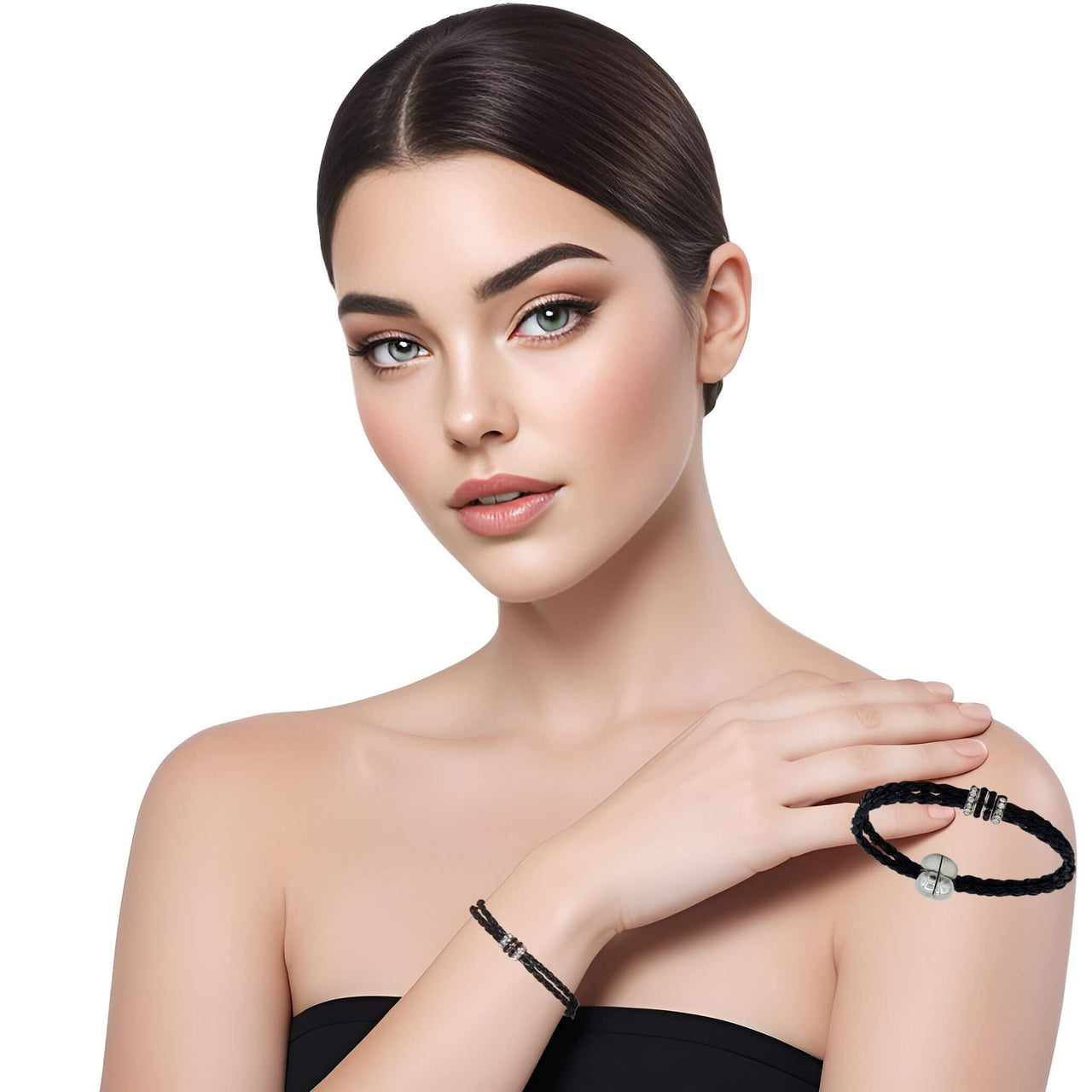 Pulsera de cuero sintético trenzado negro y rondelles de strass