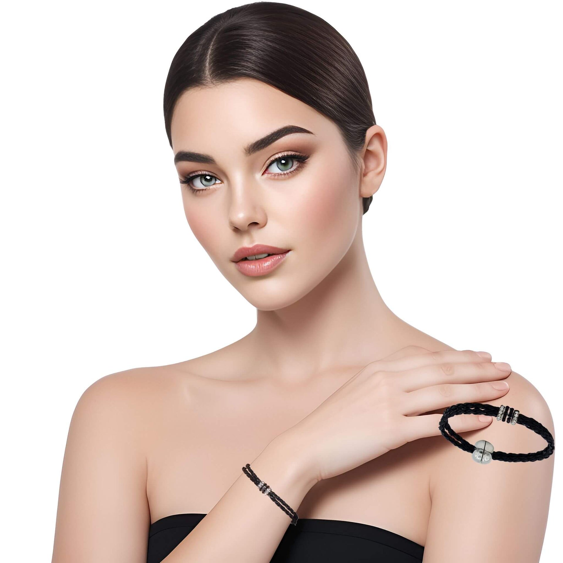 Pulsera de cuero sintético trenzado negro y rondelles de strass